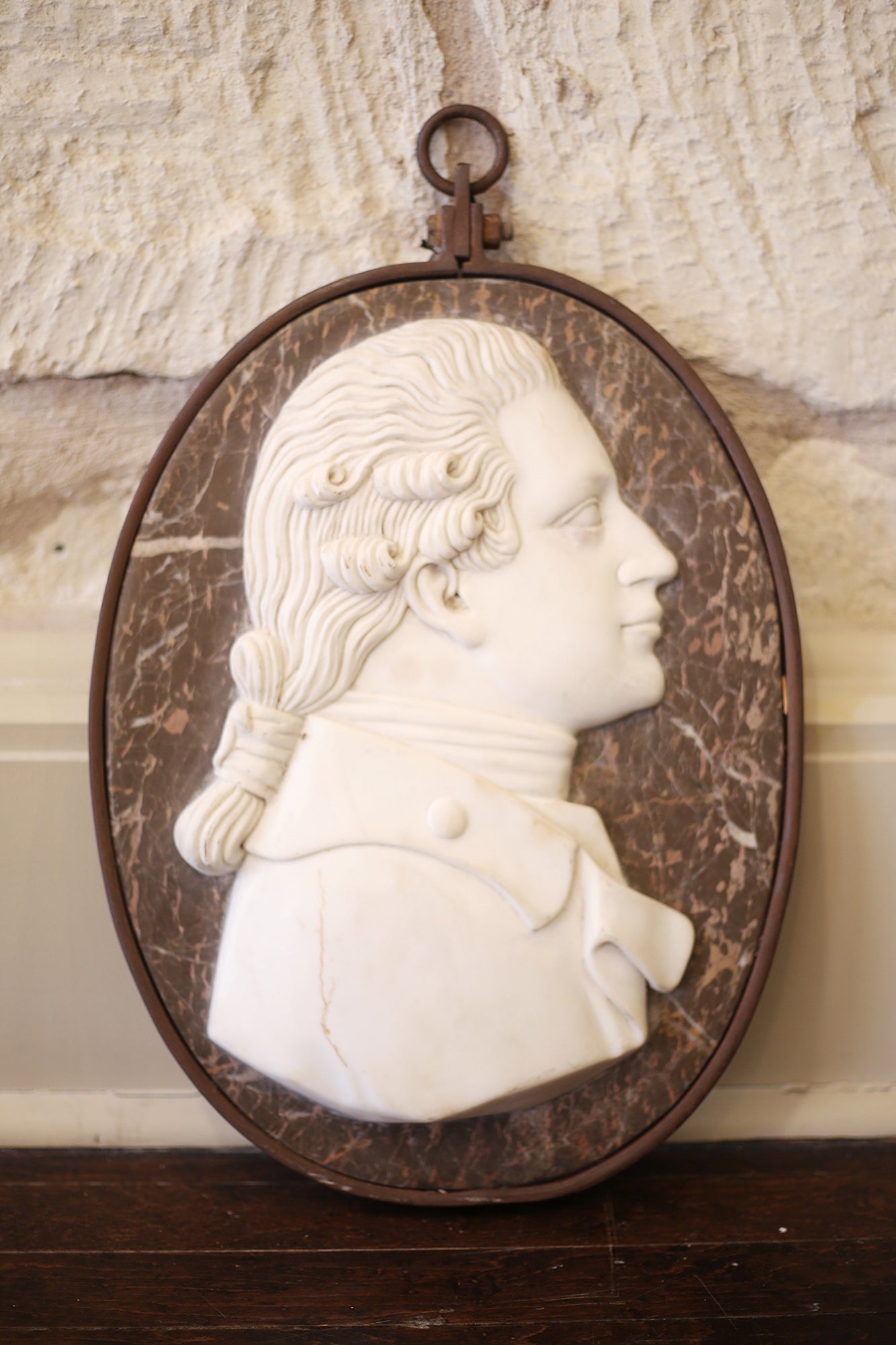 Right-Facing Iron-Framed Marble Italian Portrait Medallion