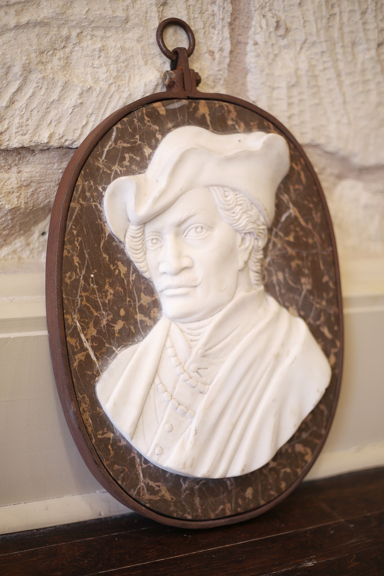 Left-Facing Iron-Framed Marble Italian Portrait Medallion