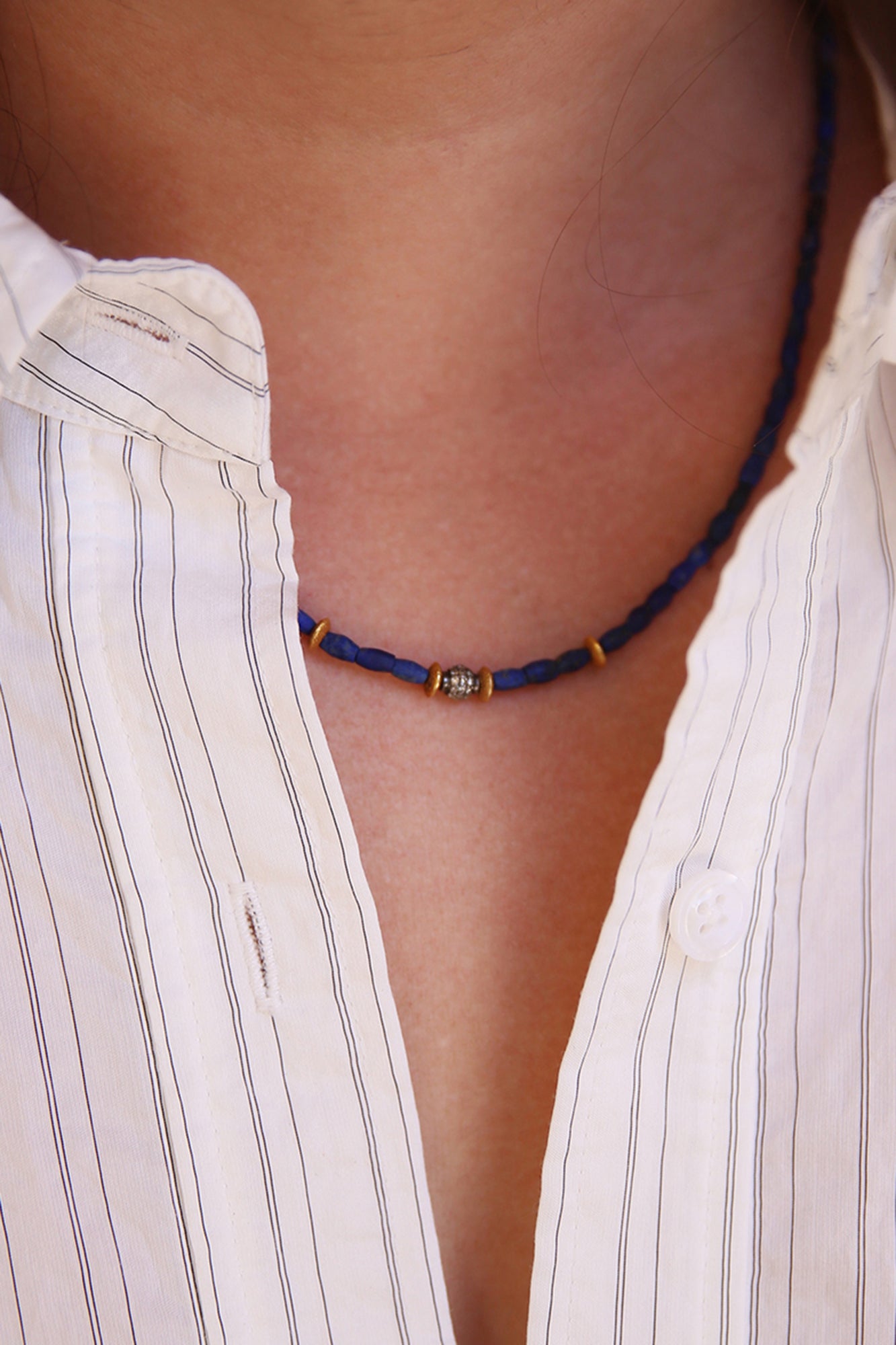 Oval Lapis With Diamond And Gold Beads
