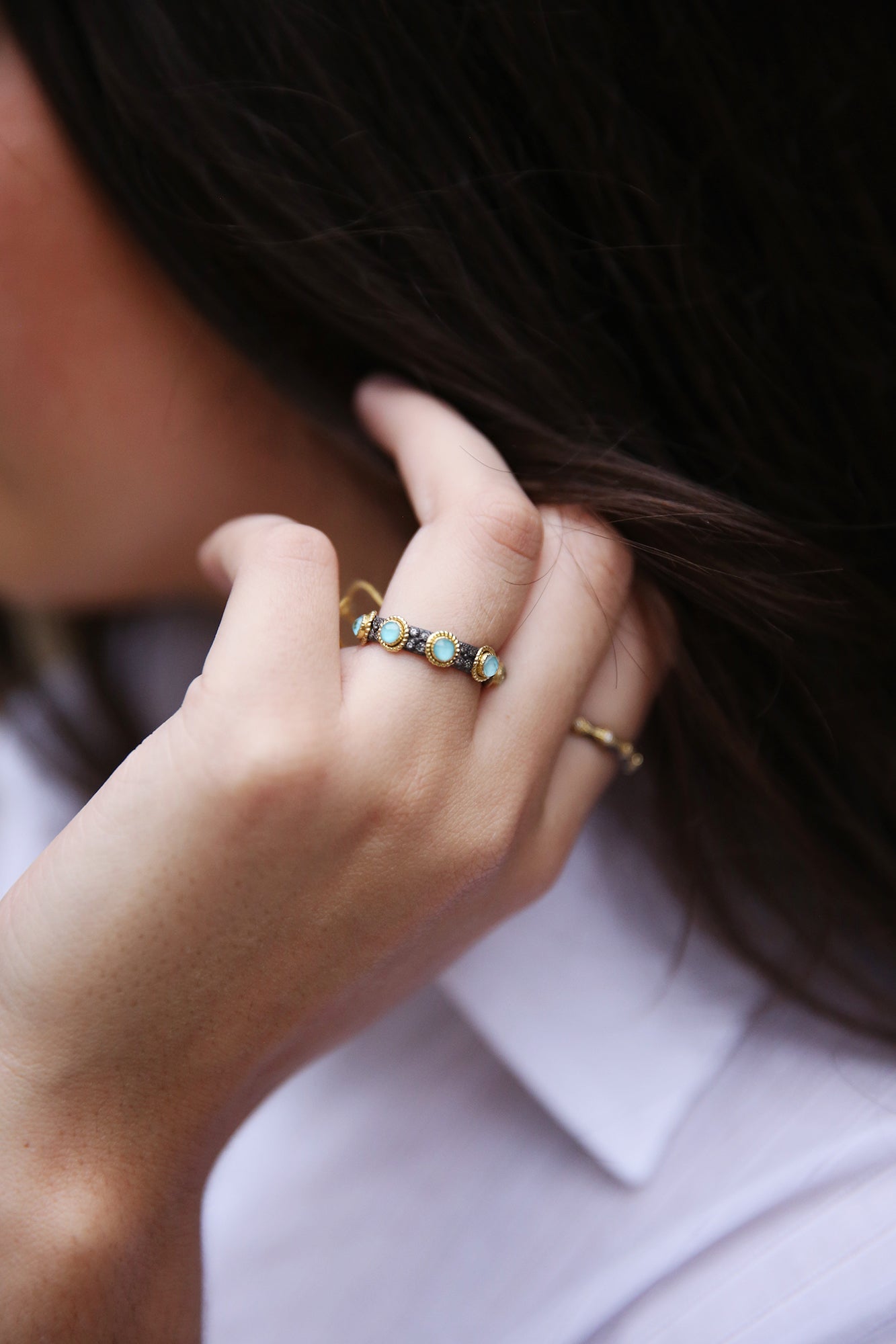 MN 3mm Blue Turquoise White Quartz Ring
