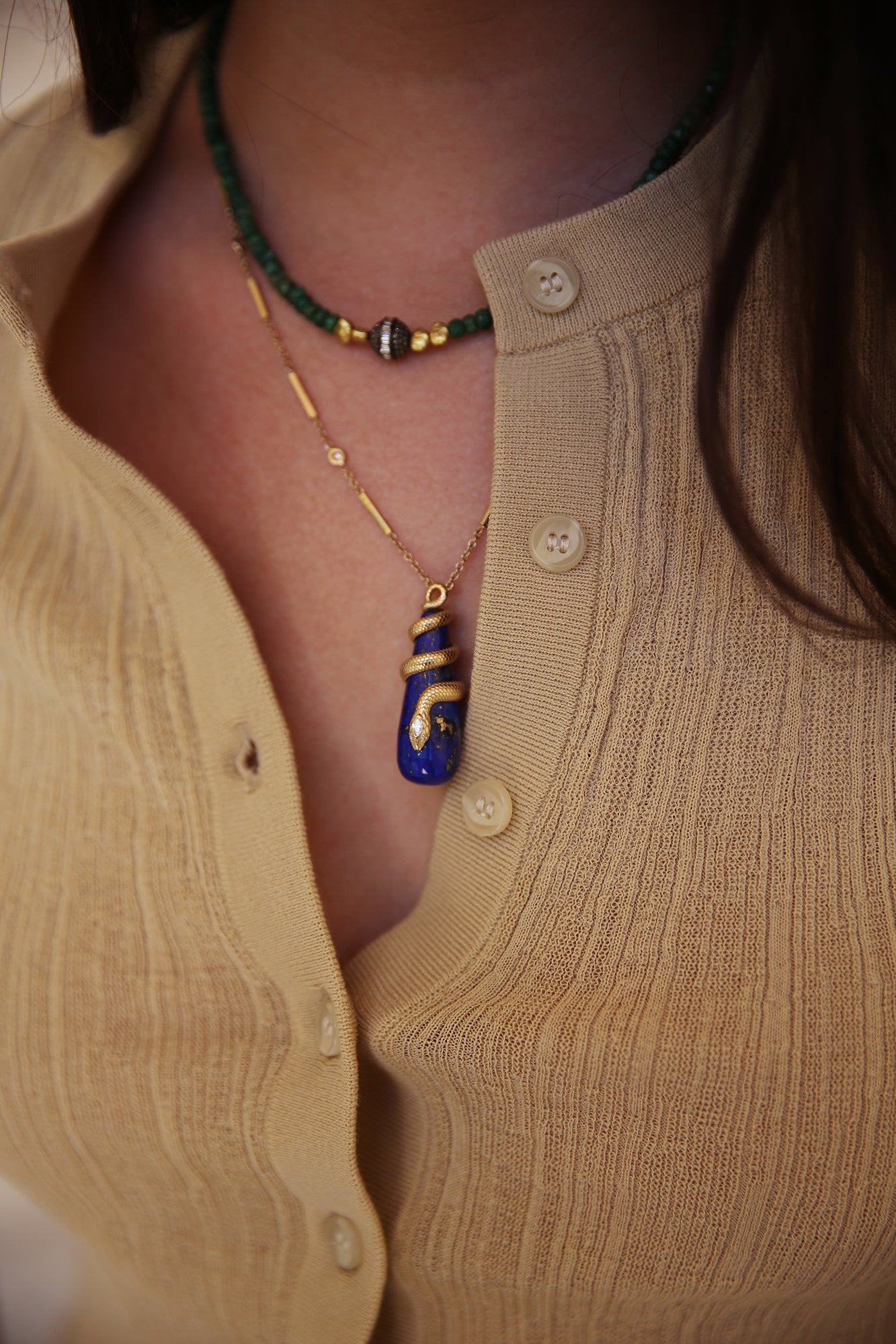 Marquise Diamond Head Snake Wrap Necklace Lapis