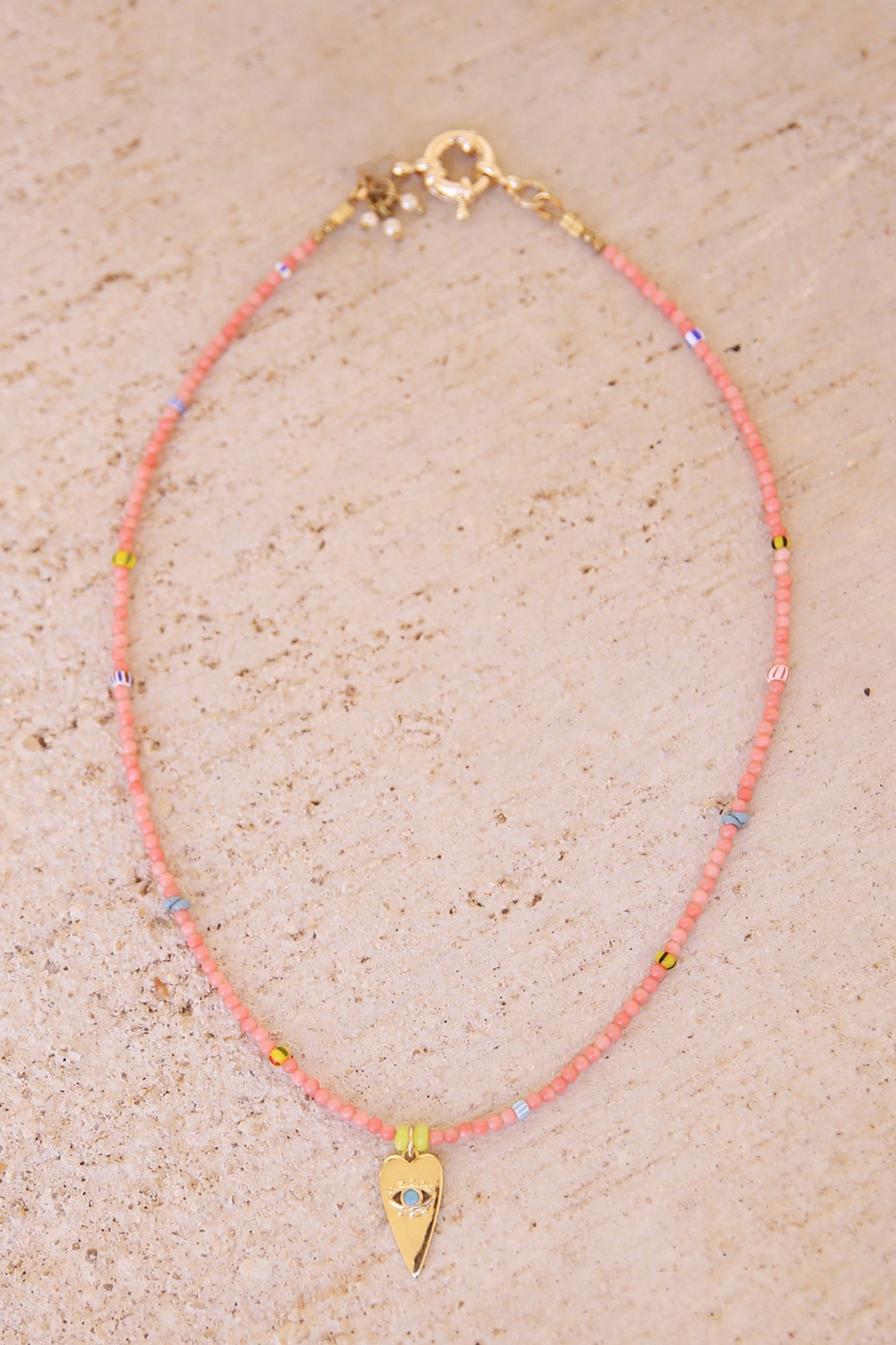 Necklace of Pink Coral w/ African Trade Beads + Heart Charm