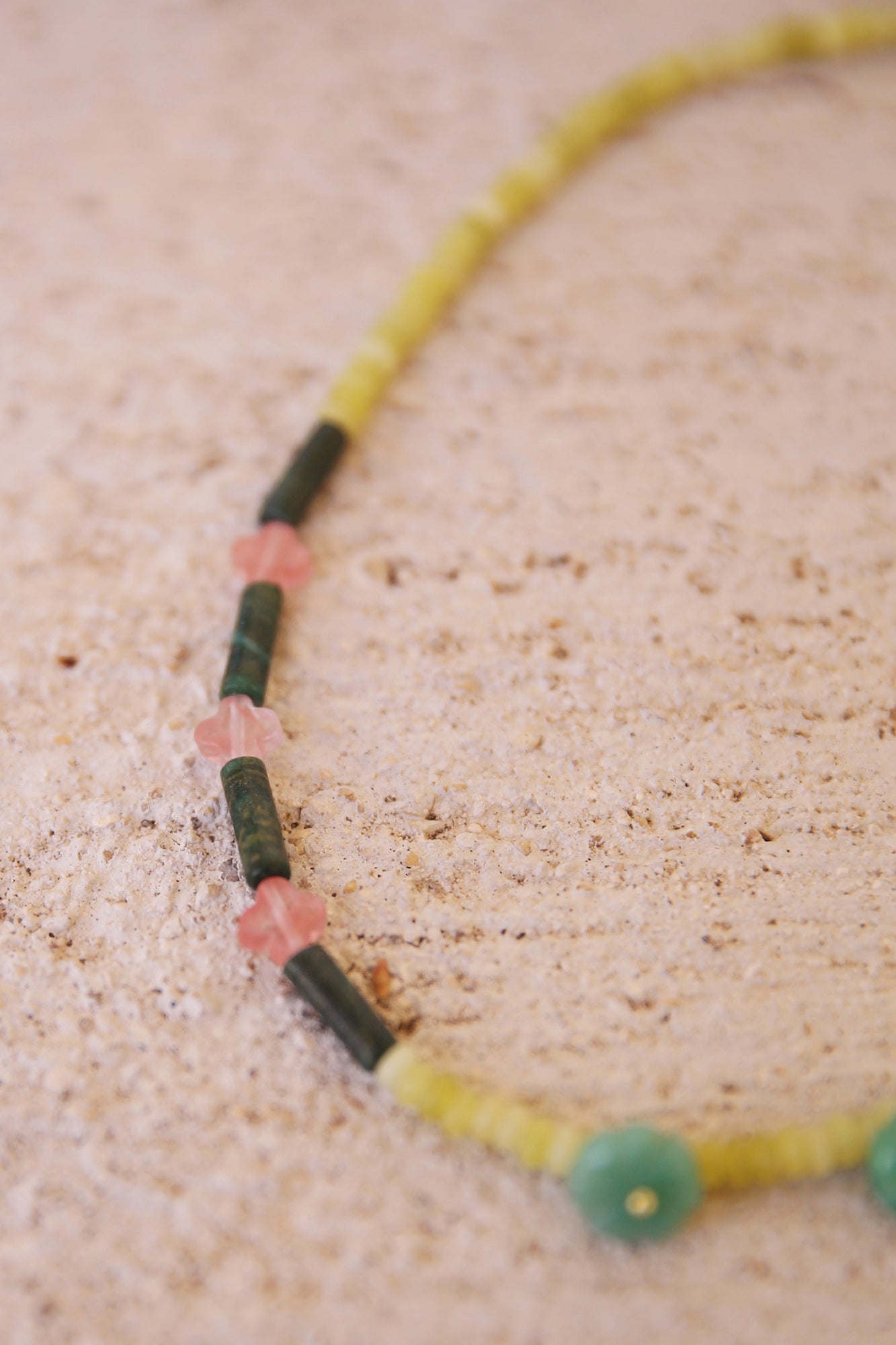 Necklace w/ Lemon Jade, Green Jade, Strawberry Quartz + Brass Findings
