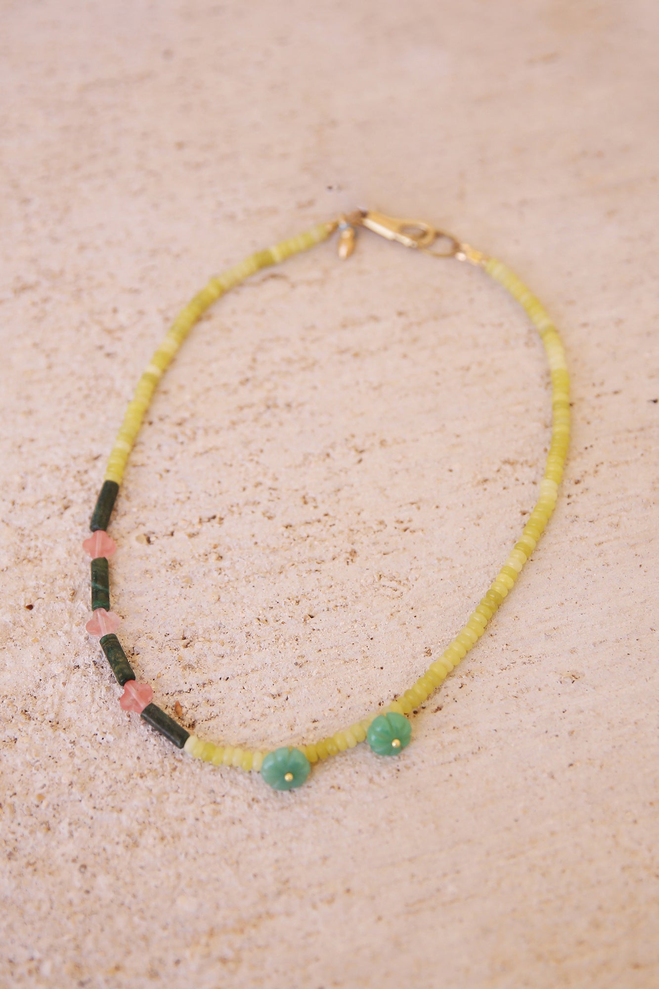 Necklace w/ Lemon Jade, Green Jade, Strawberry Quartz + Brass Findings