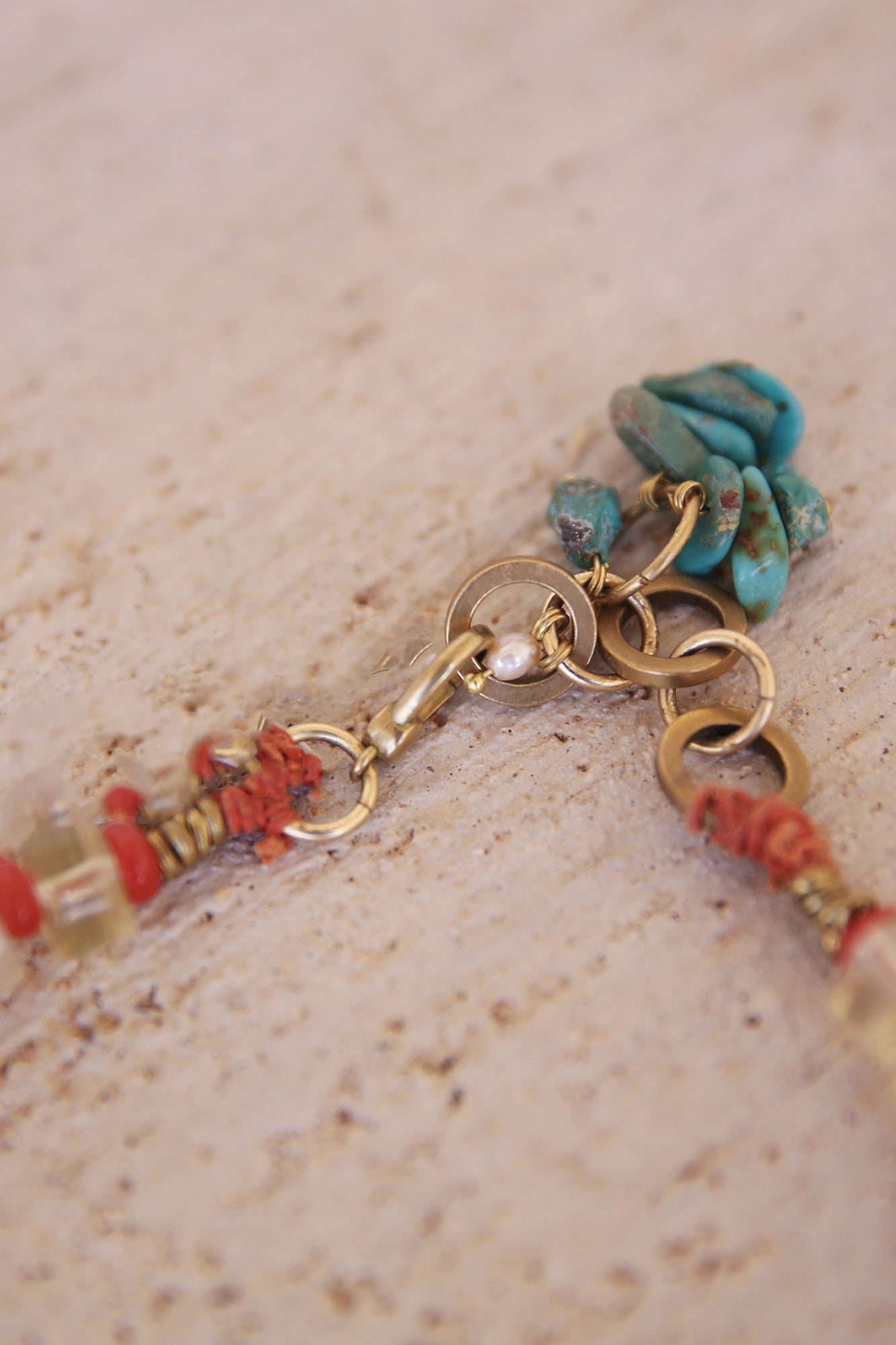 Necklace with Lemon Quartz, Java Glass Donut Beads, Brass Findings, Turquoise and Seed Pearl charms