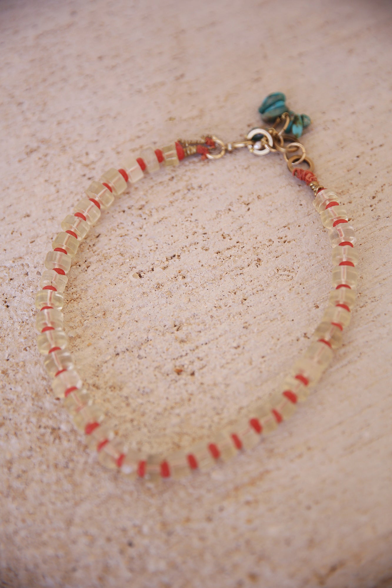 Necklace with Lemon Quartz, Java Glass Donut Beads, Brass Findings, Turquoise and Seed Pearl charms