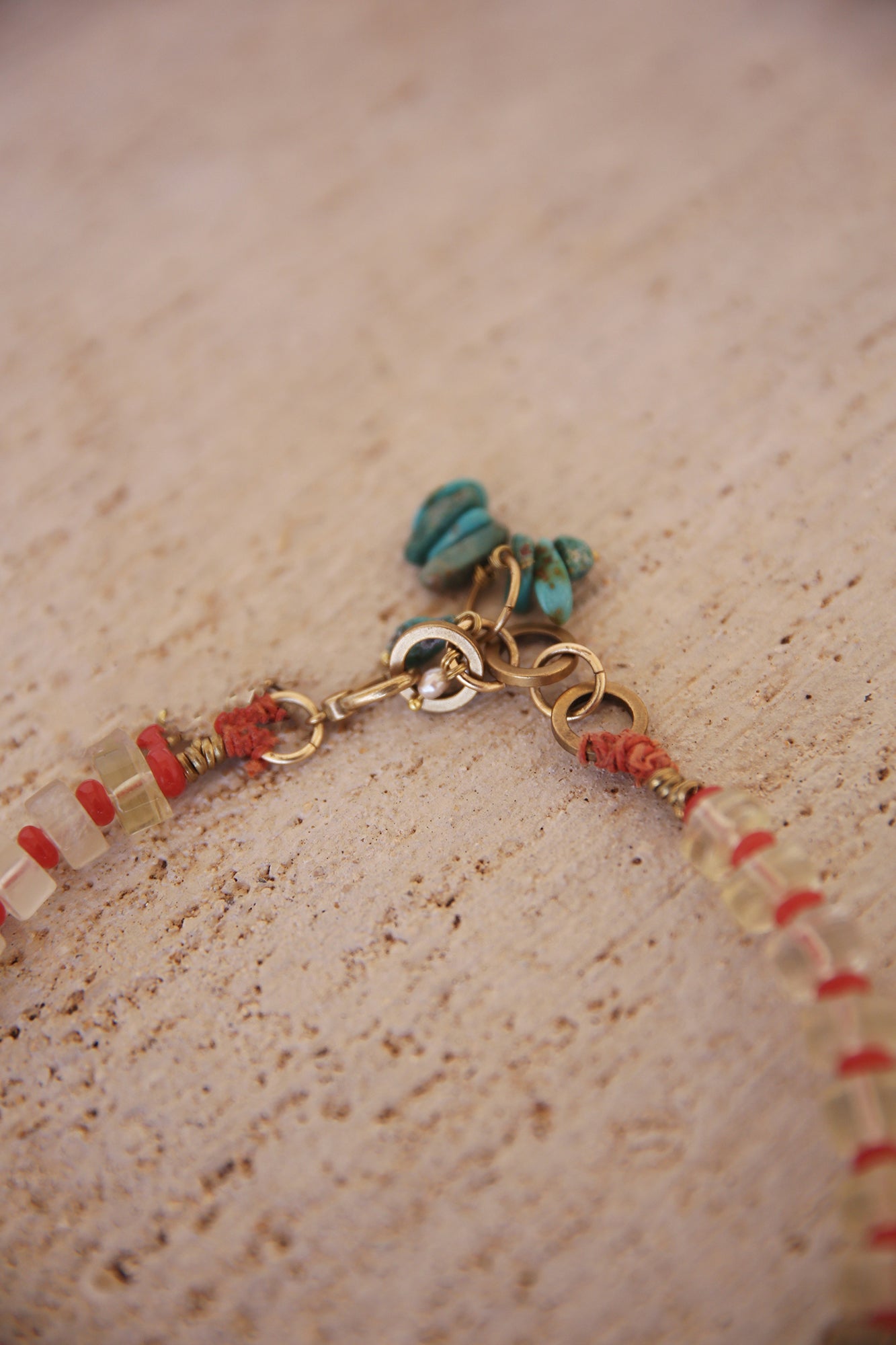 Necklace with Lemon Quartz, Java Glass Donut Beads, Brass Findings, Turquoise and Seed Pearl charms