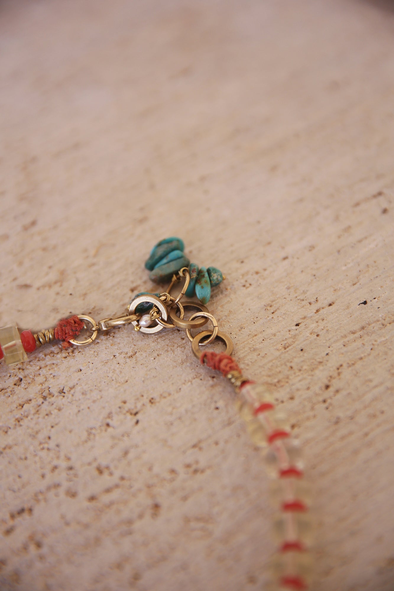 Necklace with Lemon Quartz, Java Glass Donut Beads, Brass Findings, Turquoise and Seed Pearl charms