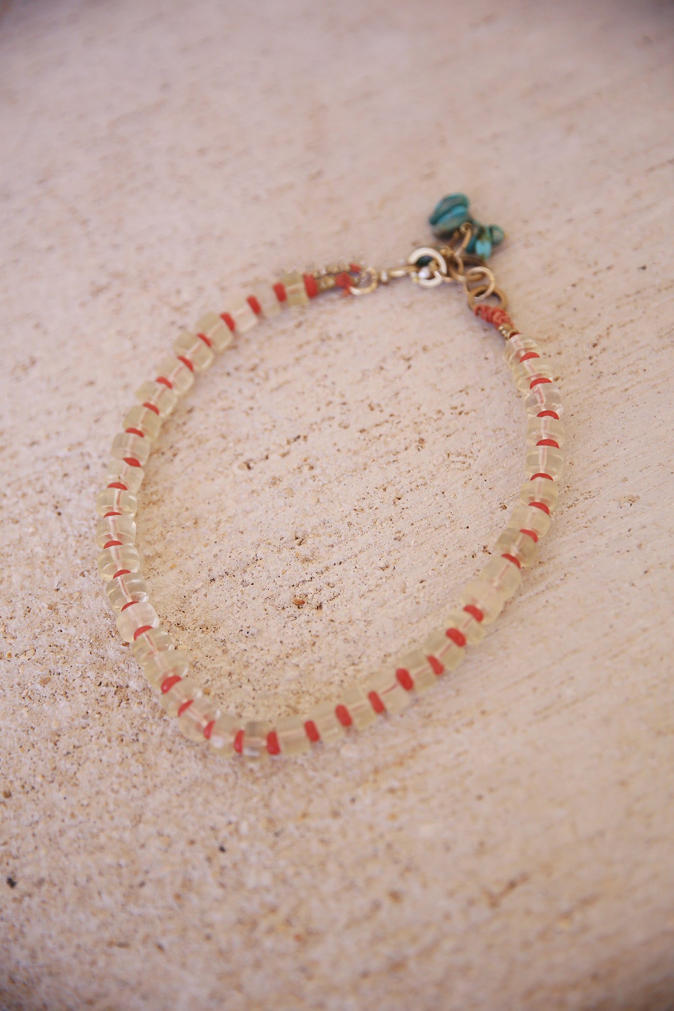 Necklace with Lemon Quartz, Java Glass Donut Beads, Brass Findings, Turquoise and Seed Pearl charms
