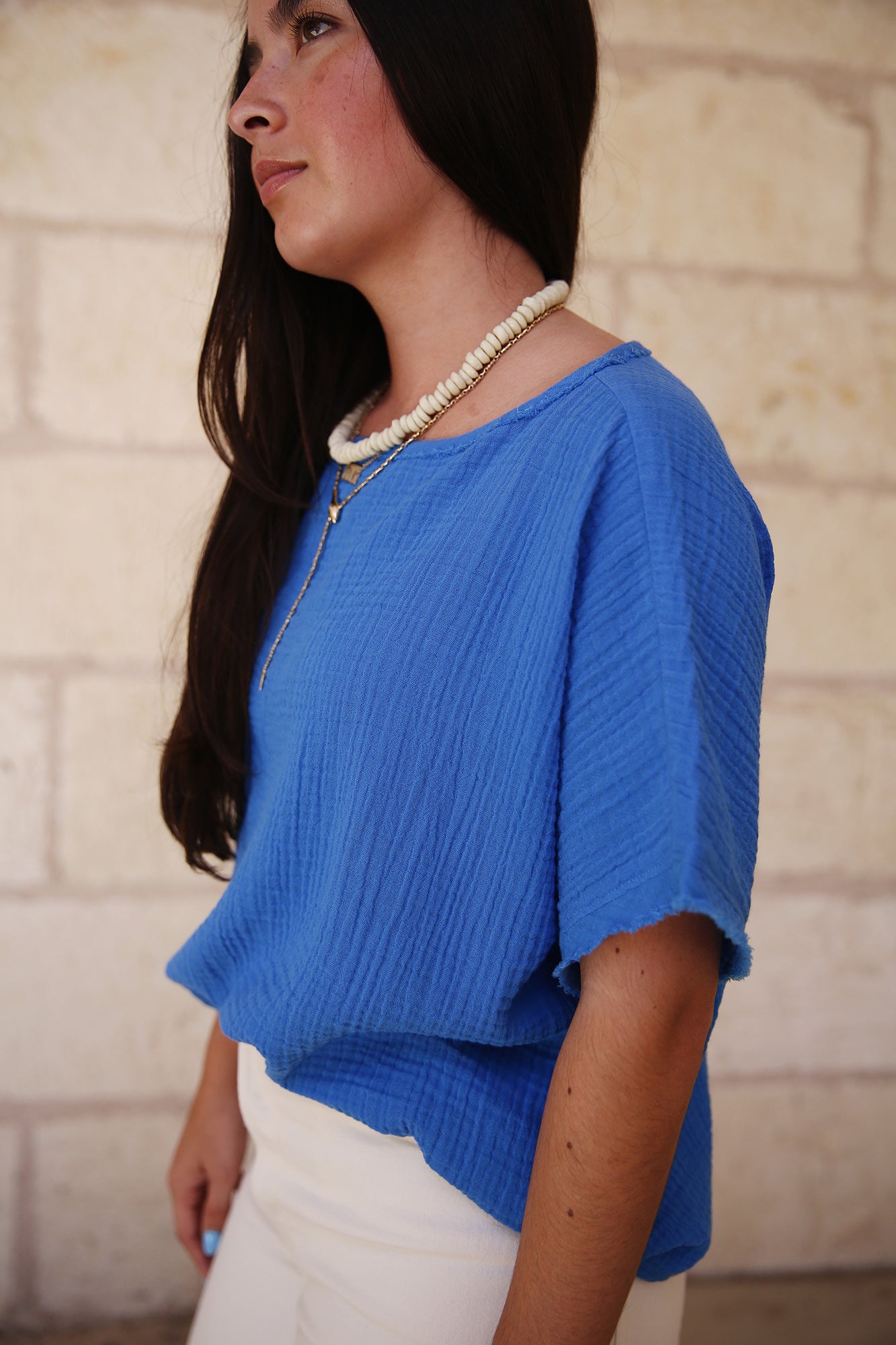 Organic Cotton Lofty Gauze Bateau Neck Top Calypso