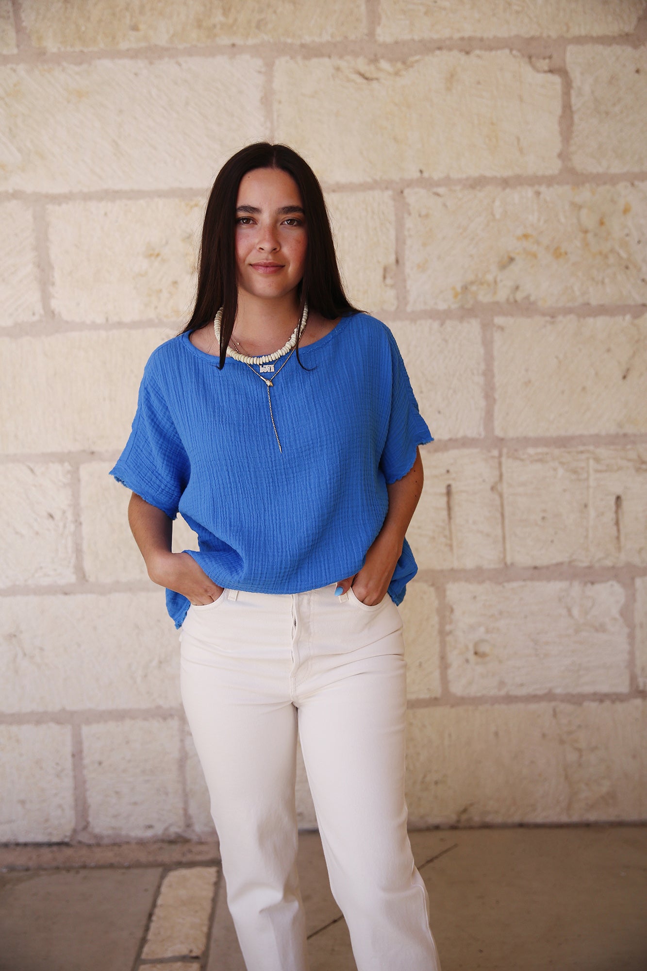 Organic Cotton Lofty Gauze Bateau Neck Top Calypso