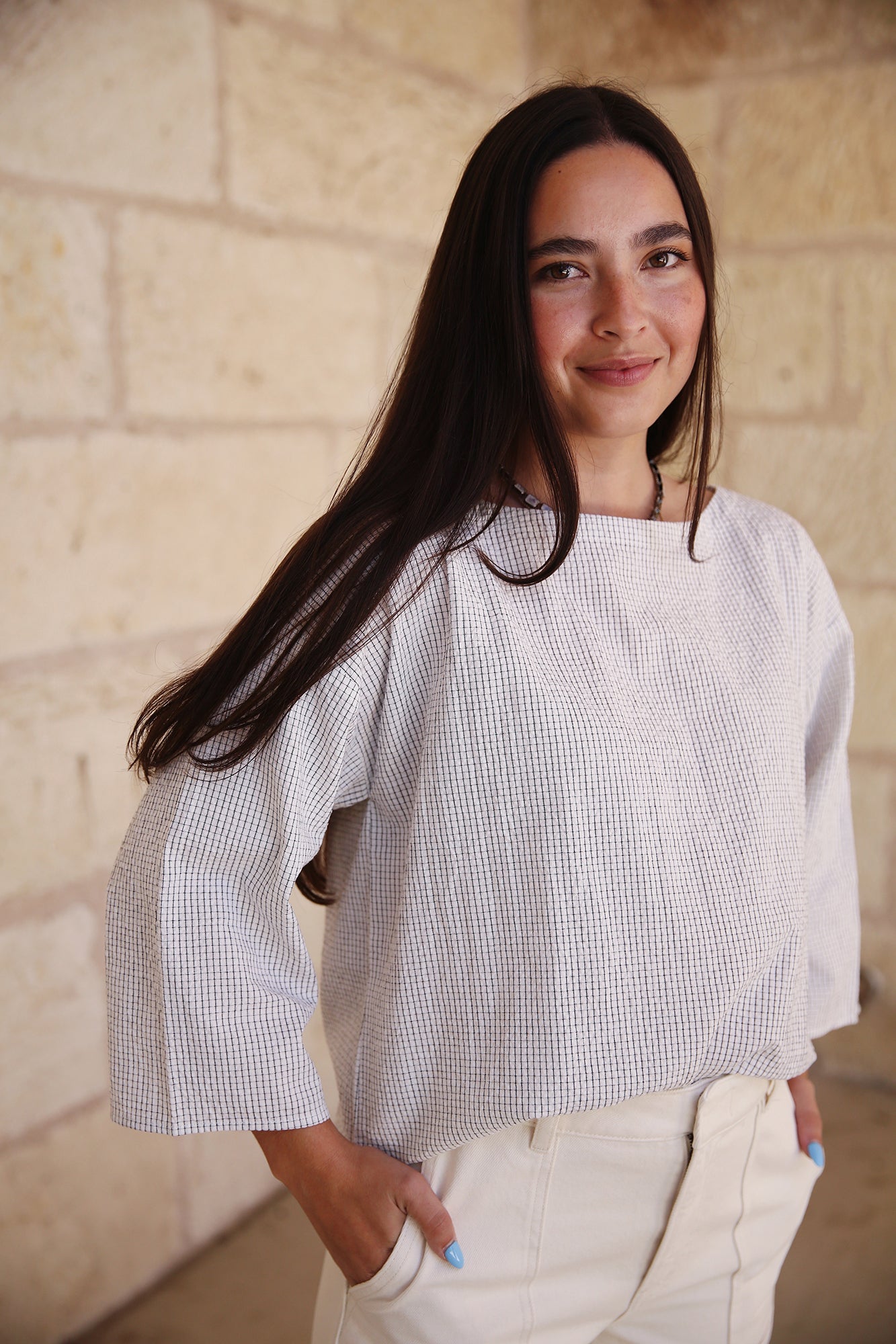 Organic Cotton Ripple Checkered Box-Top 3/4 Sleeve