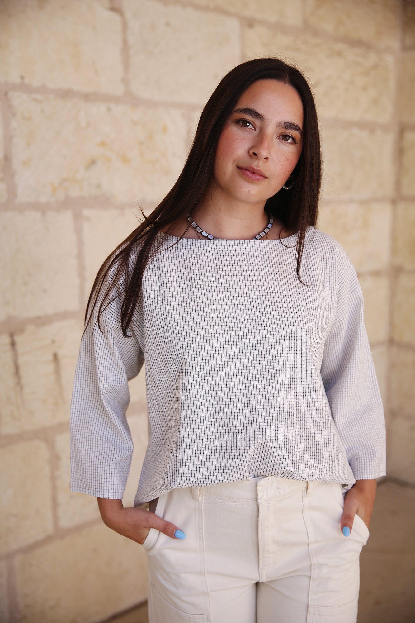 Organic Cotton Ripple Checkered Box-Top 3/4 Sleeve
