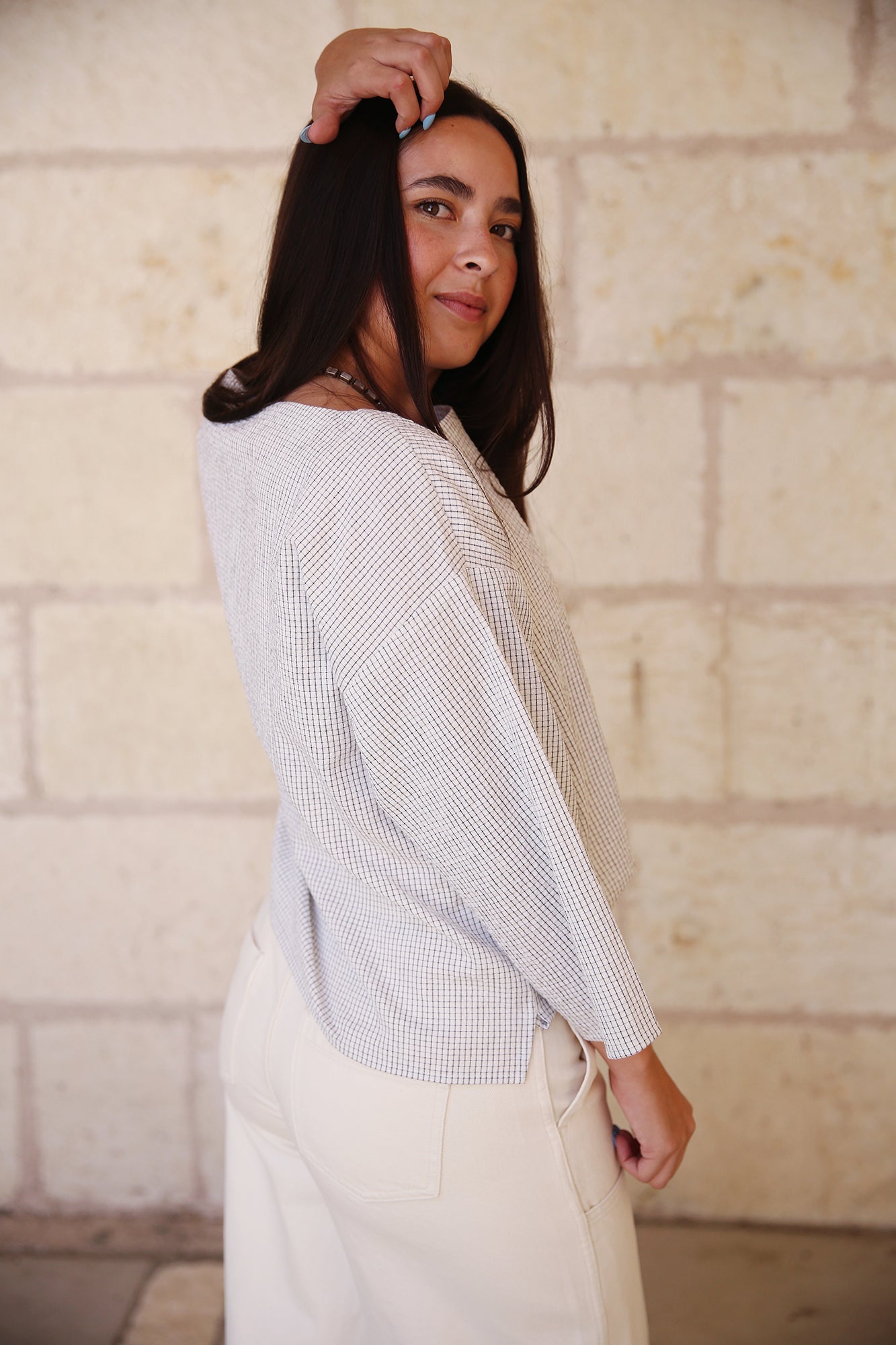 Organic Cotton Ripple Checkered Box-Top 3/4 Sleeve