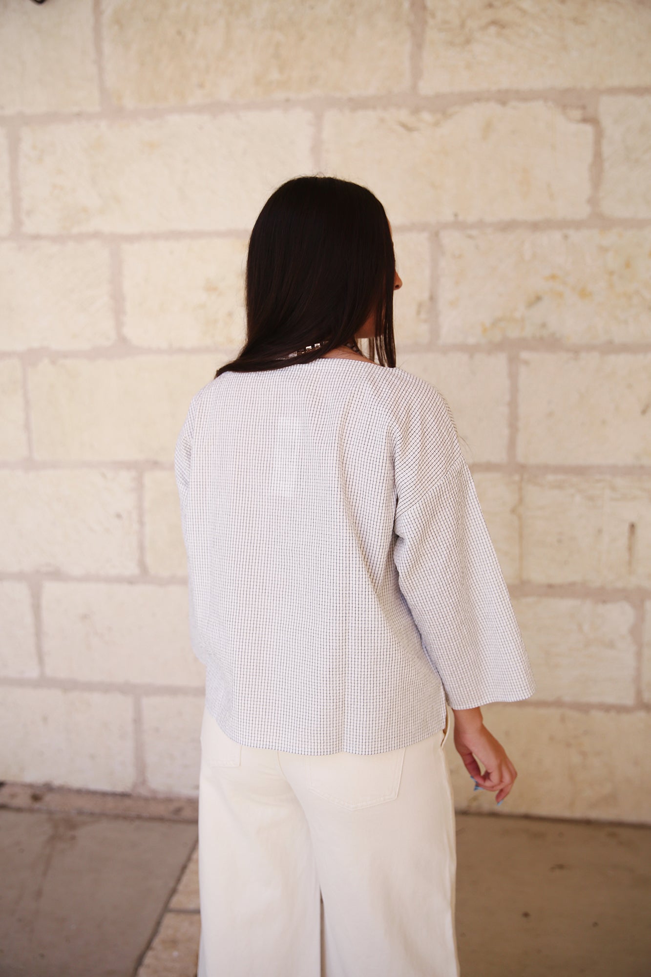 Organic Cotton Ripple Checkered Box-Top 3/4 Sleeve