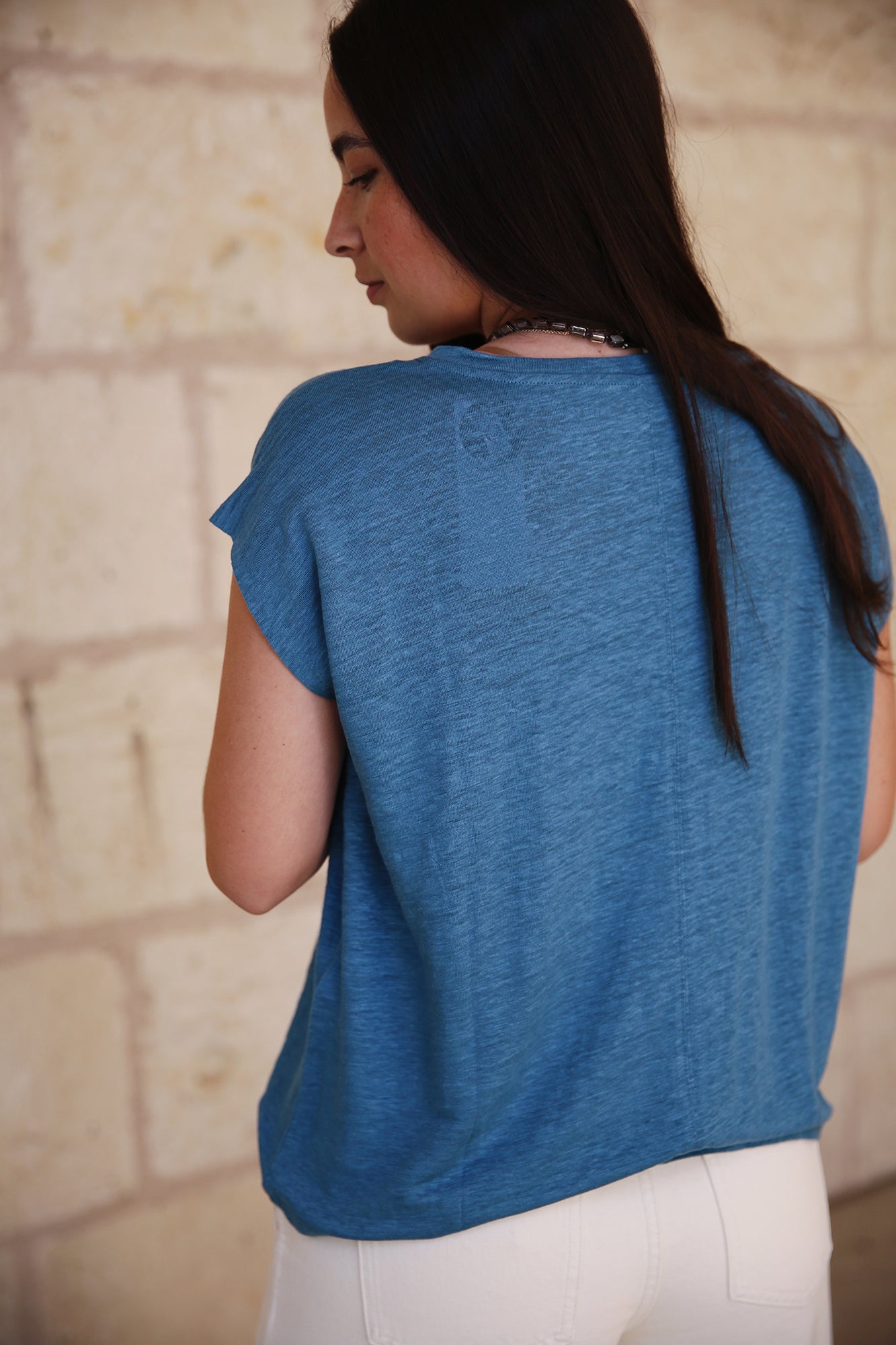 Organic Linen Jersey V Neck Tee Cascade