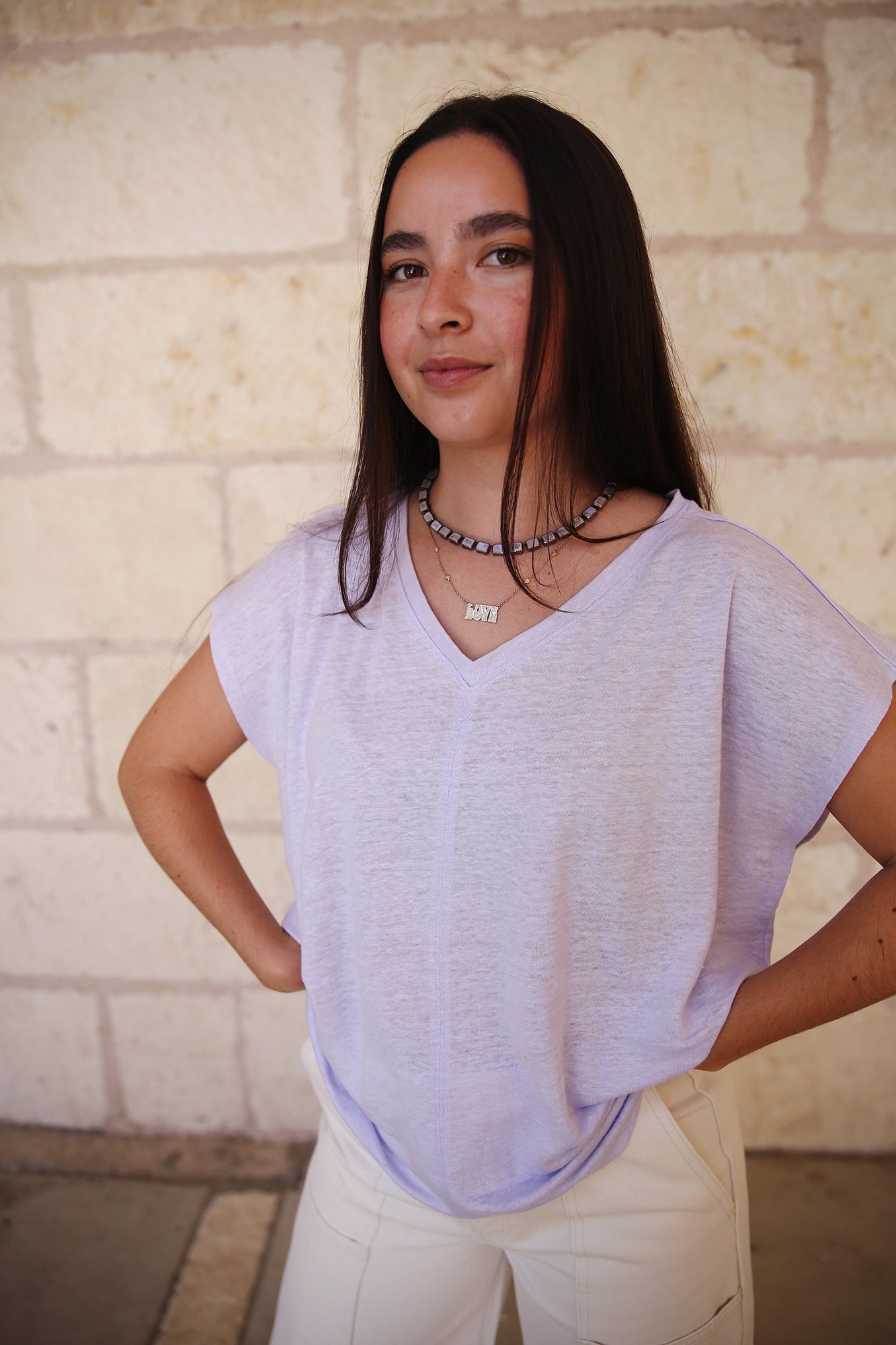 Organic Linen Jersey V Neck Tee Wisteria