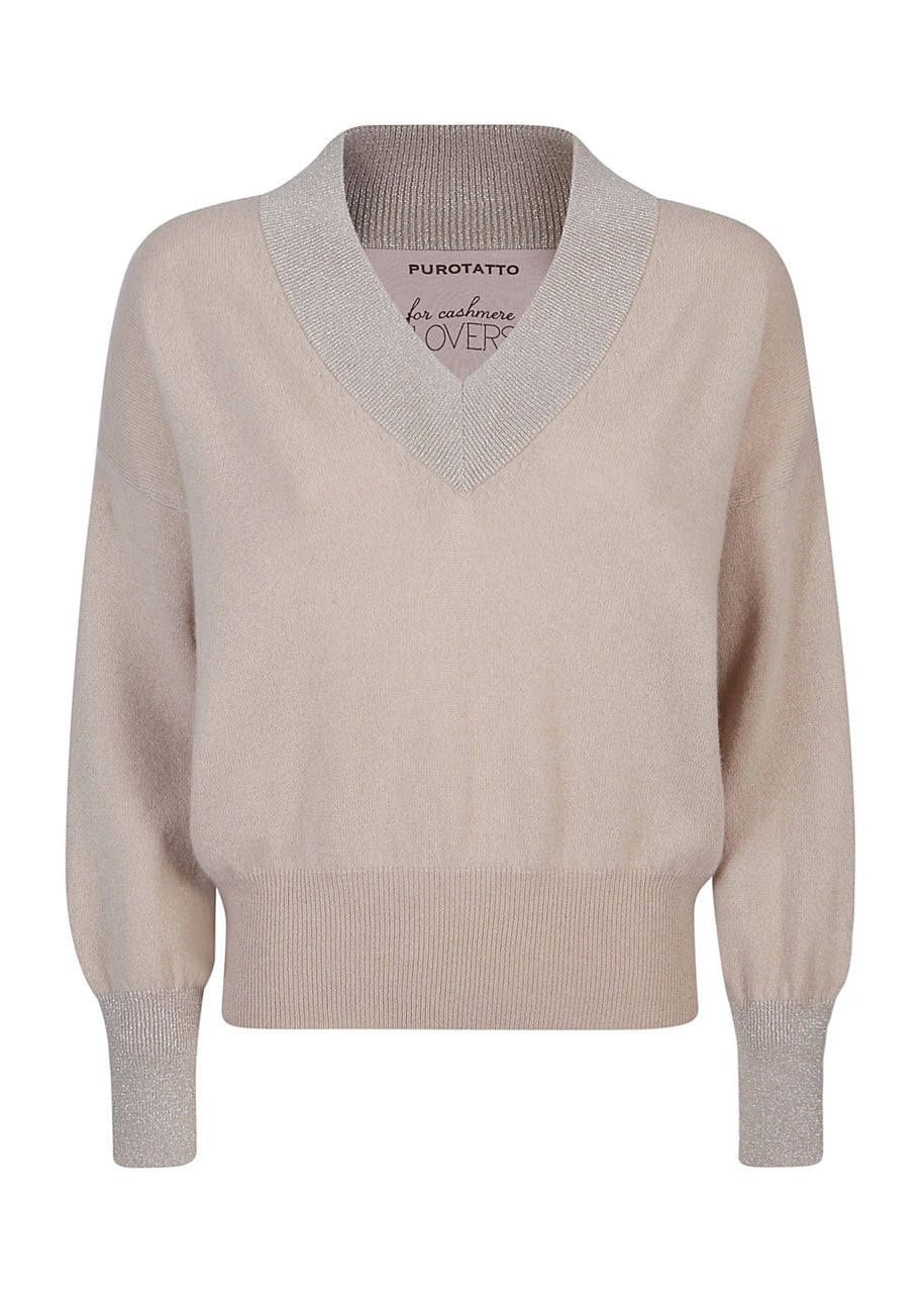 V-Neck With Color Collar Detail Cashmere Sweater