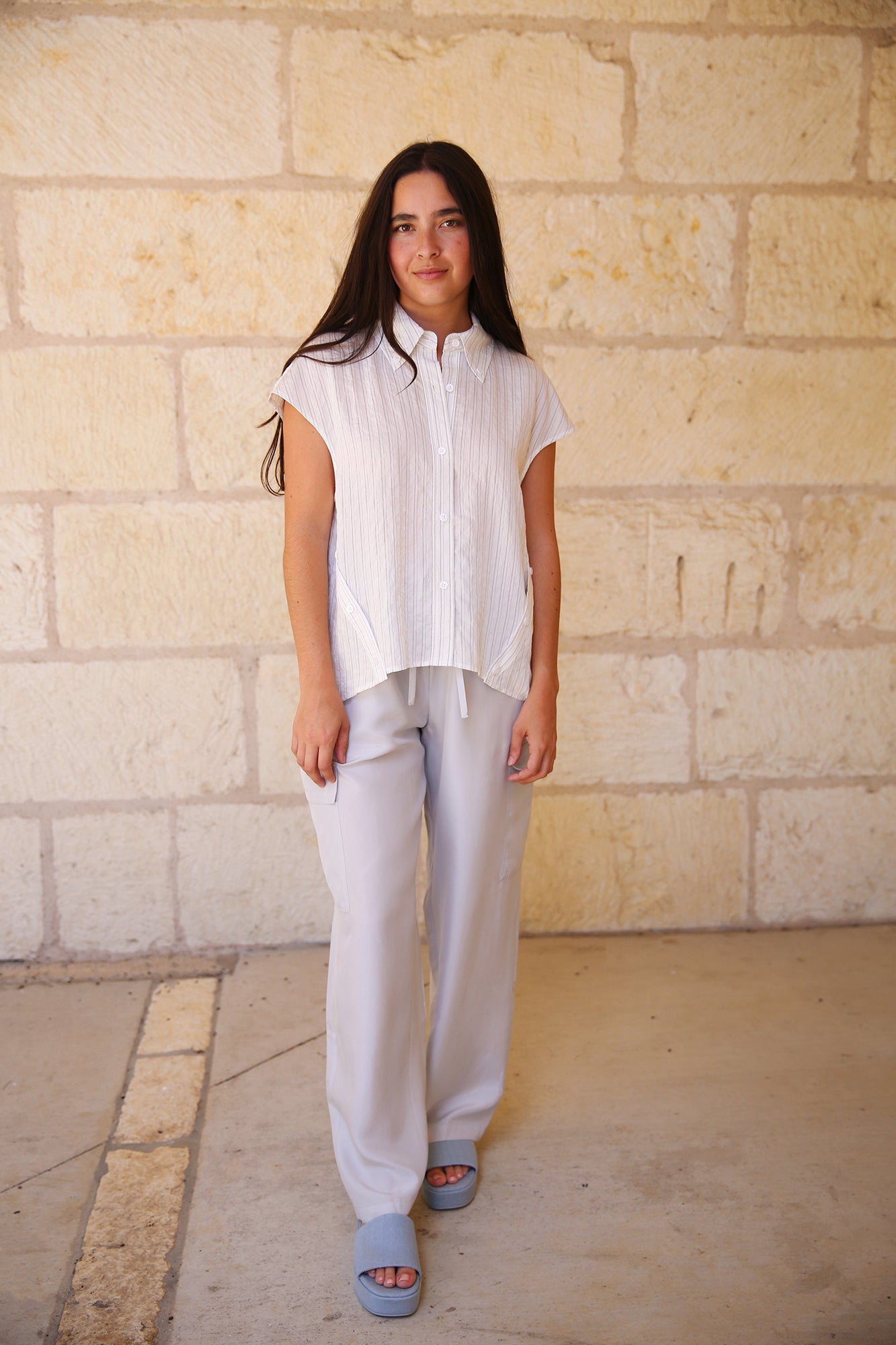 Perth Cap Sleeve Button Pinstripe Blouse White