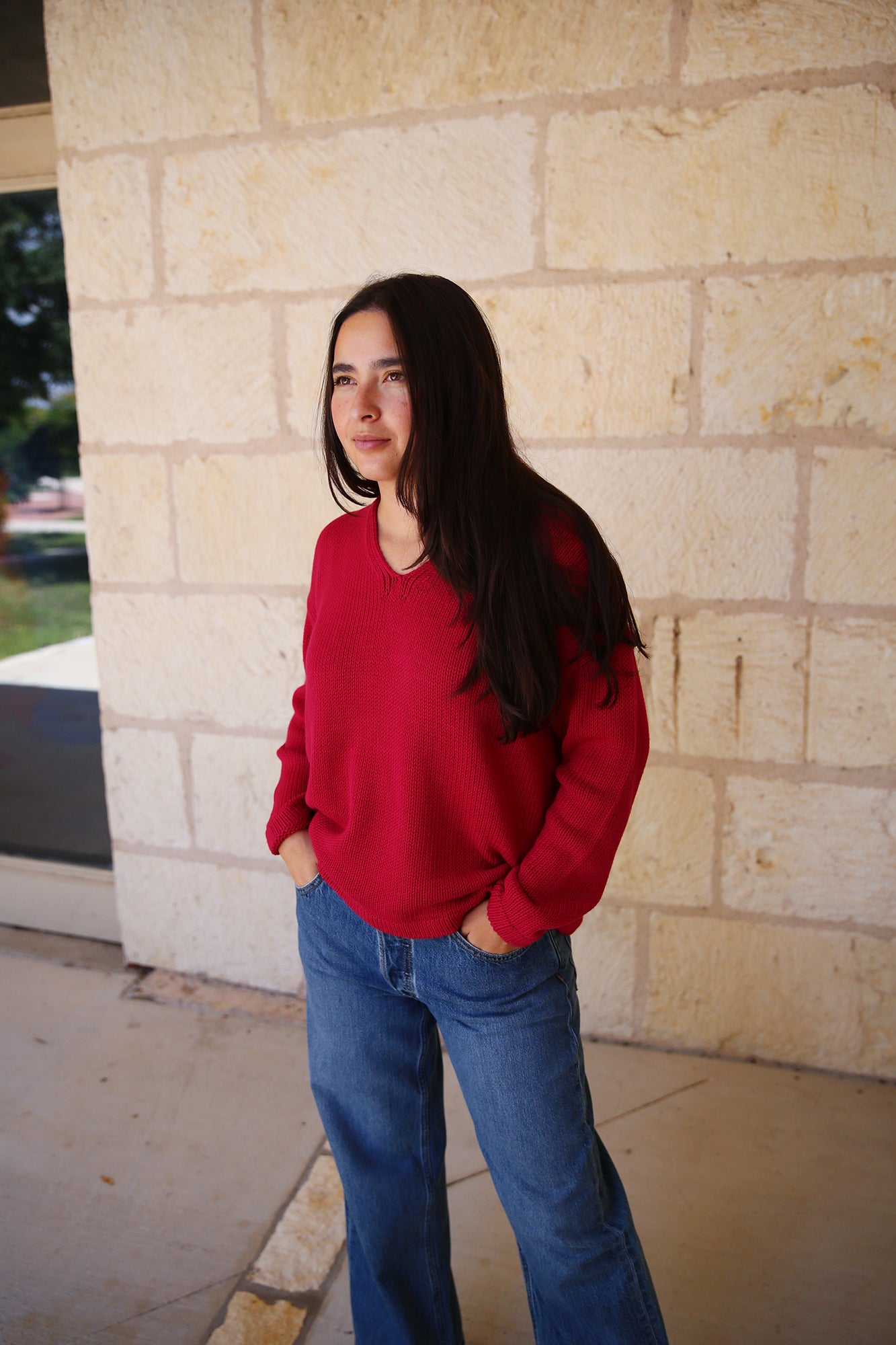 Peruvian Organic Cotton Cord Jersey V-Neck Pullover Top Azalea