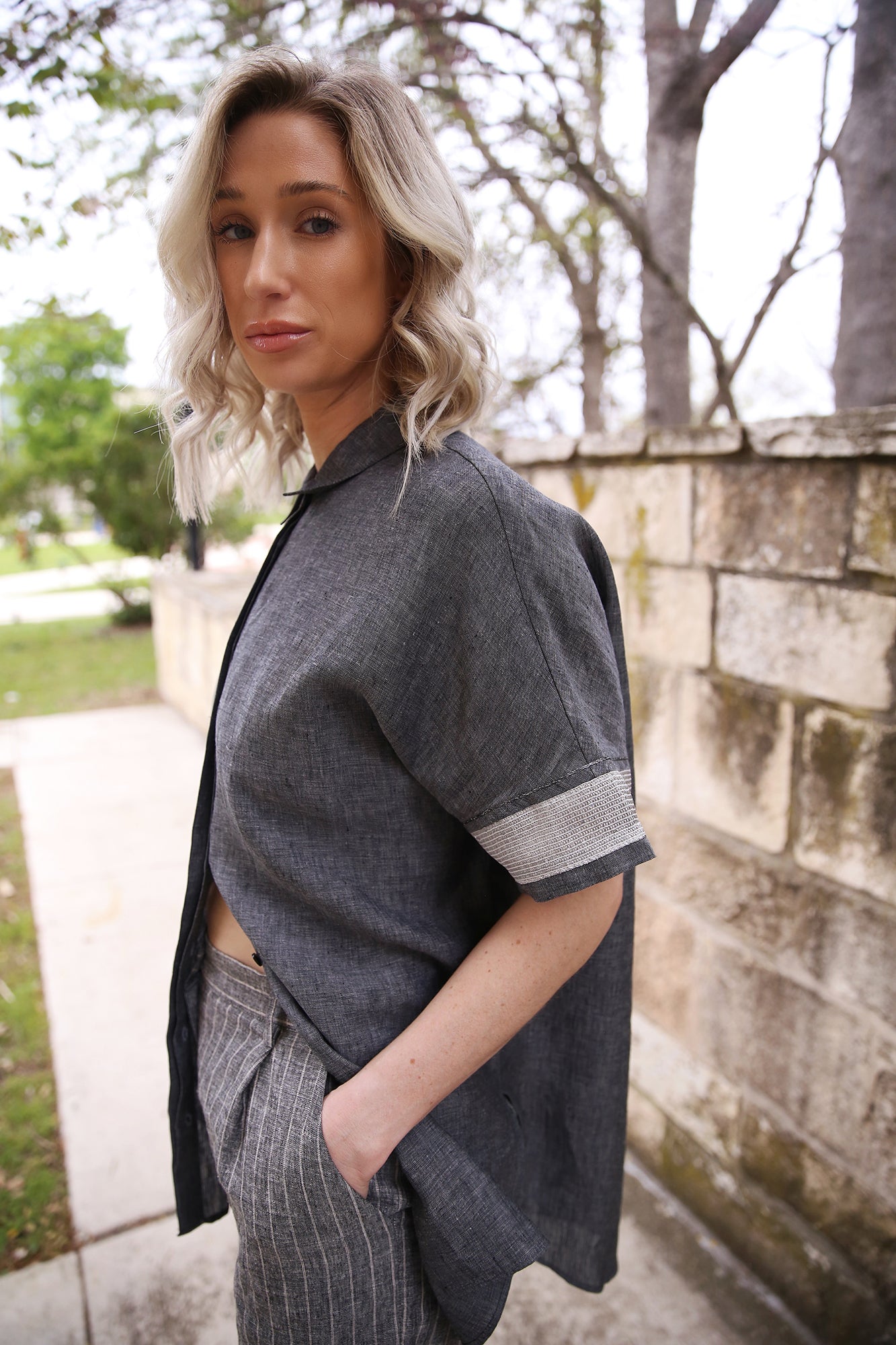 Detail On Short Sleeve Linen Button Down Shirt