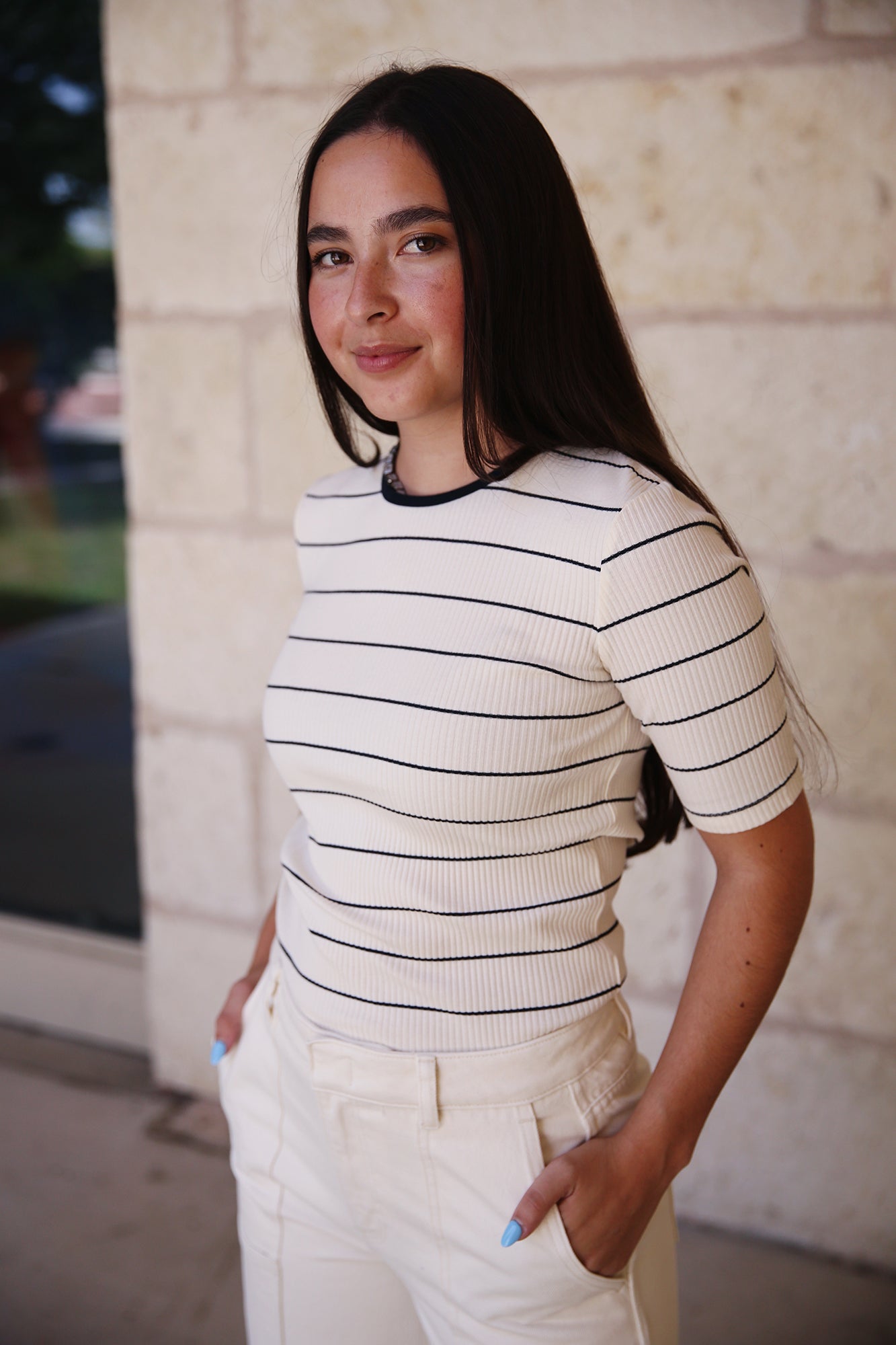 Rib Stripe Elbow Sleeve Crew Flaxen/Deep Lake