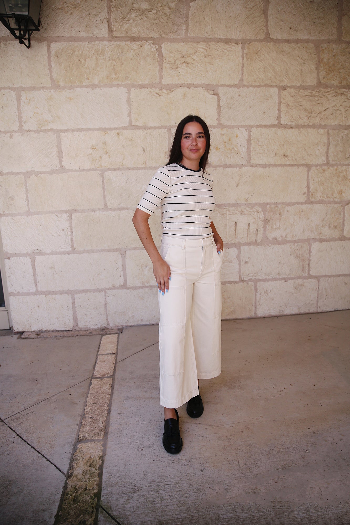 Rib Stripe Elbow Sleeve Crew Flaxen/Deep Lake