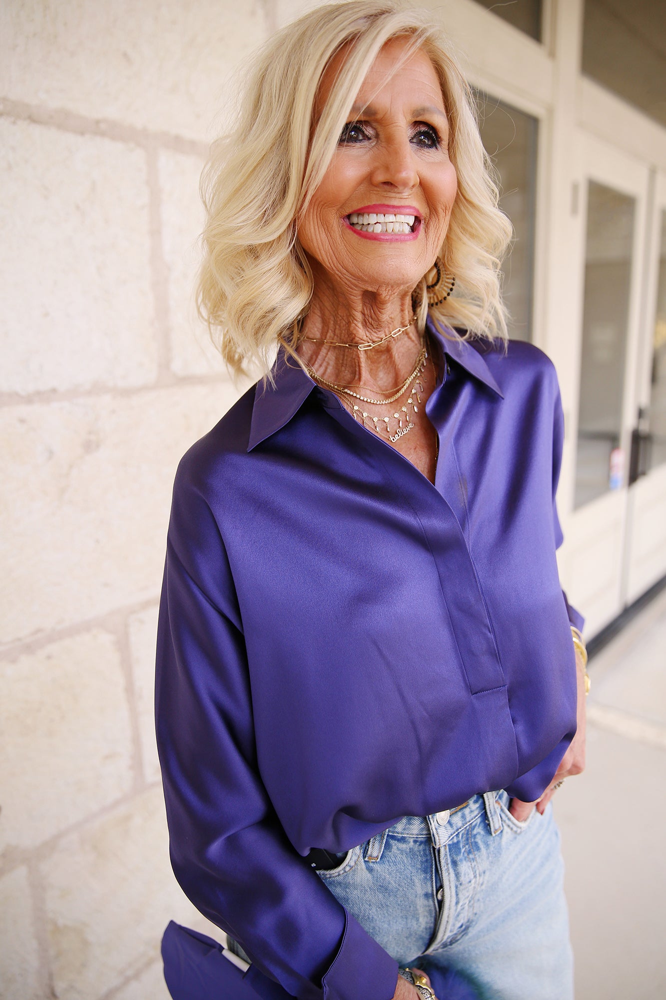 Sateen Silk Half Button Blouse