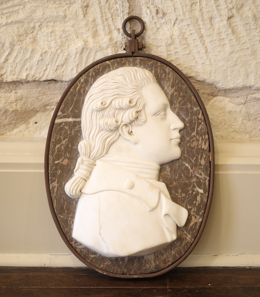 Right-Facing Iron-Framed Marble Italian Portrait Medallion