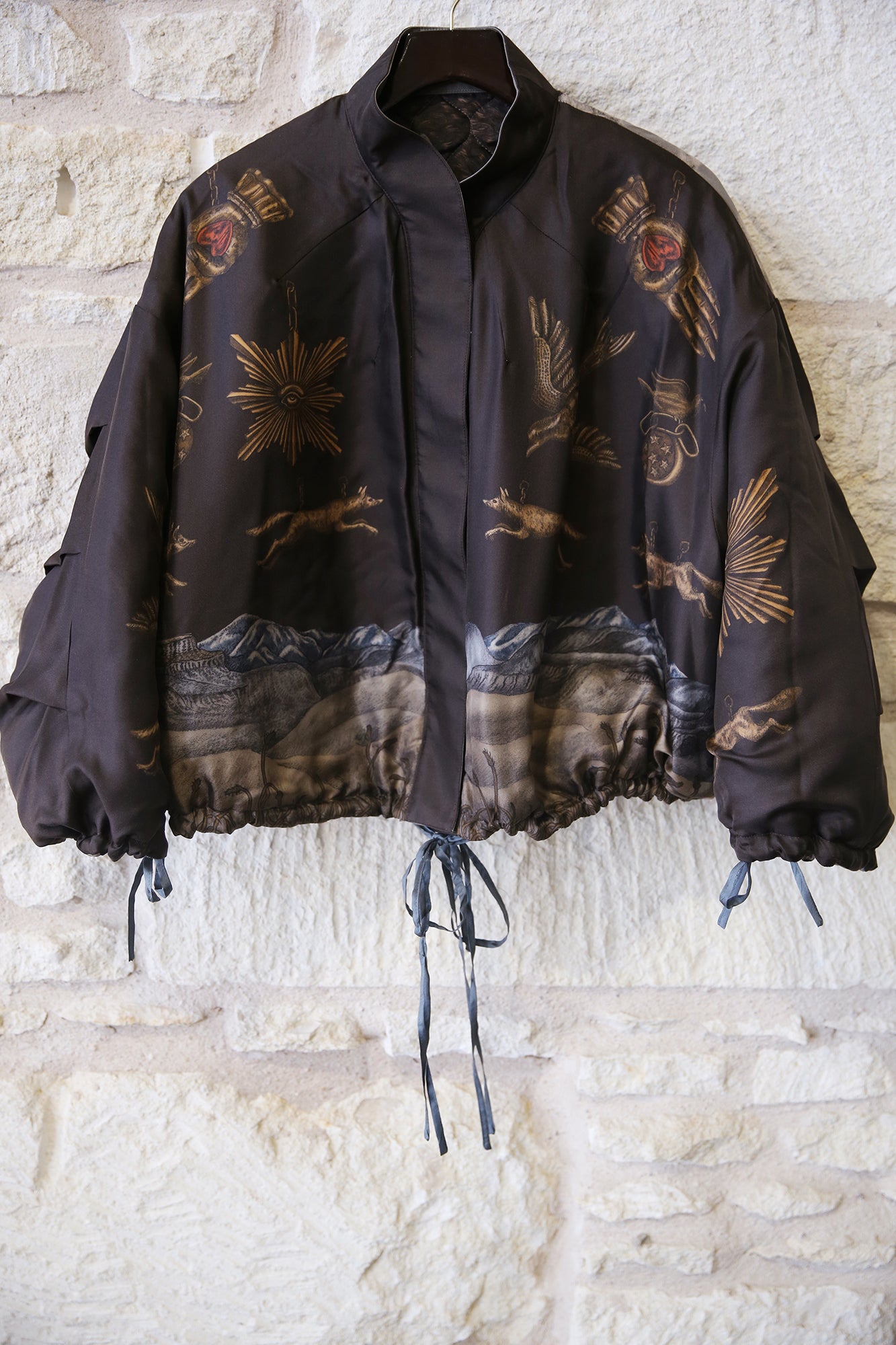 Secrets of the Bison Wild Americana 100% Silk Twill Reversible Quilted Bomber Jacket