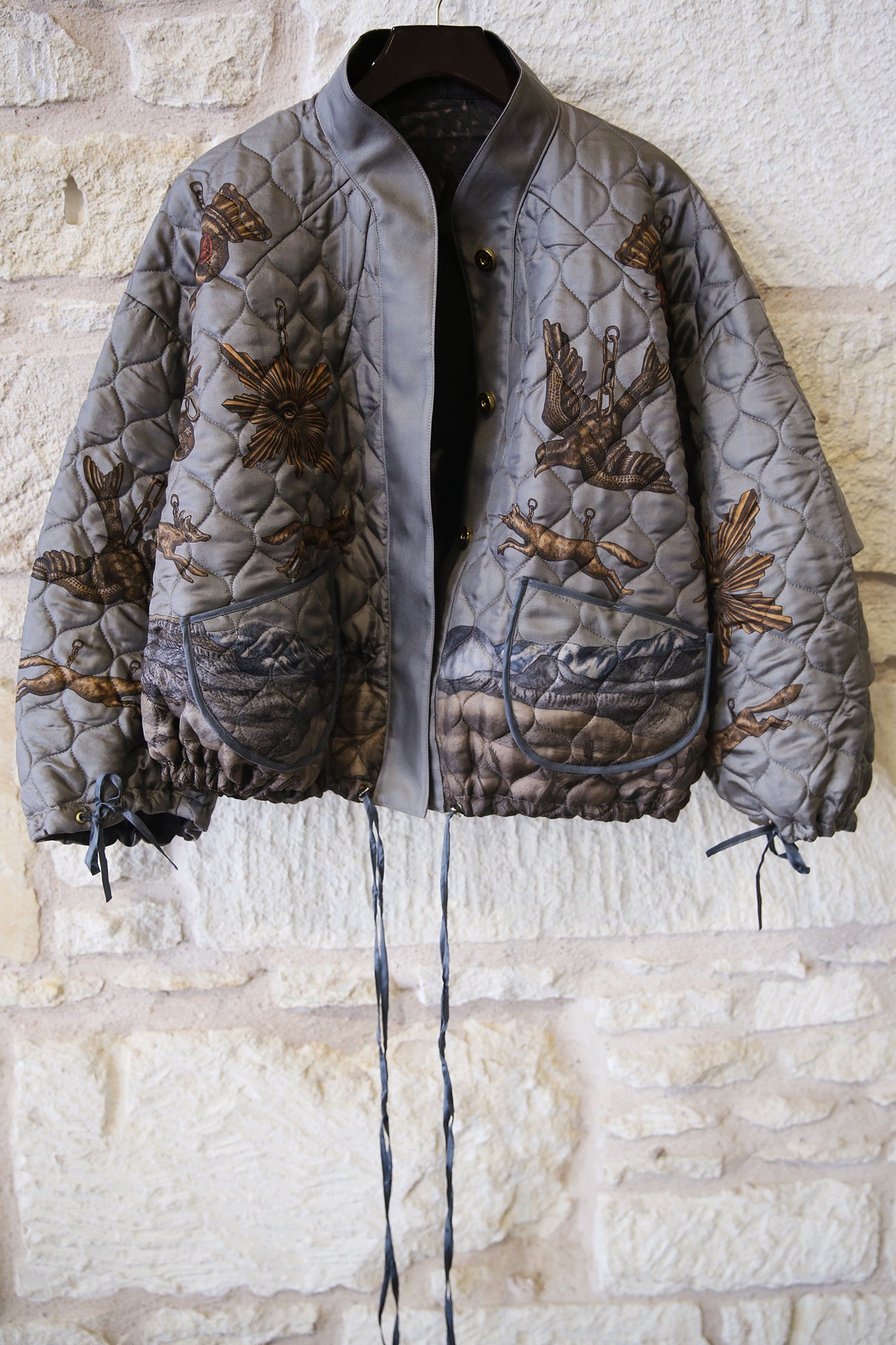 Secrets of the Bison Wild Americana 100% Silk Twill Reversible Quilted Bomber Jacket