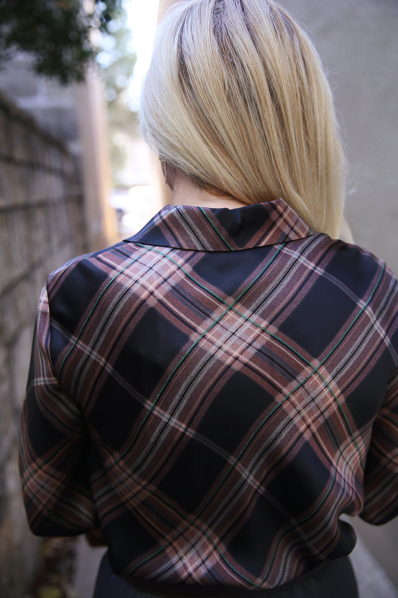 Silk Plaid Bias Long-Sleeve Blouse Vintage Petal