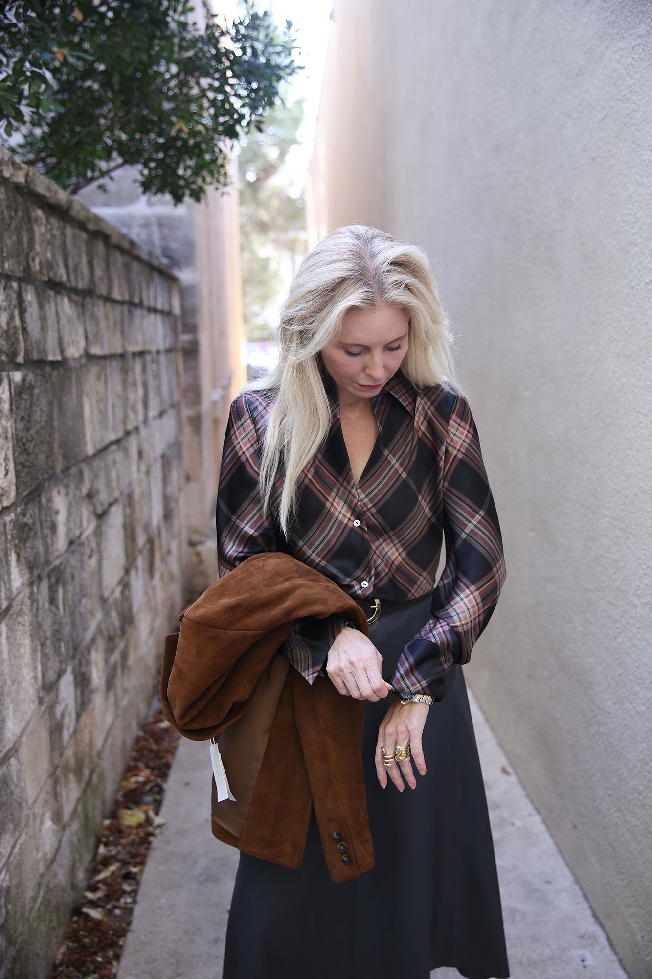 Silk Plaid Bias Long-Sleeve Blouse Vintage Petal