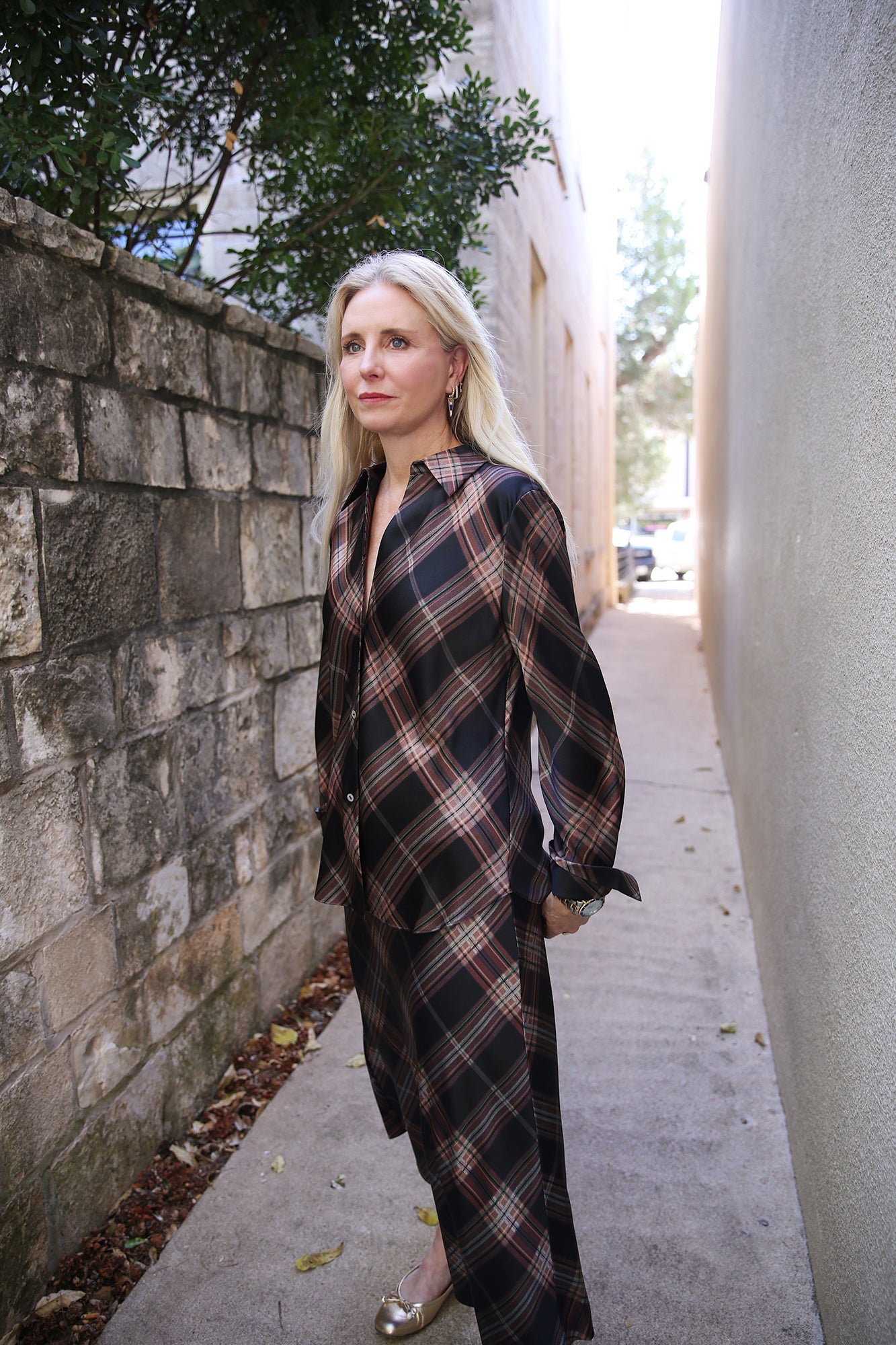 Silk Plaid Bias Long-Sleeve Blouse Vintage Petal