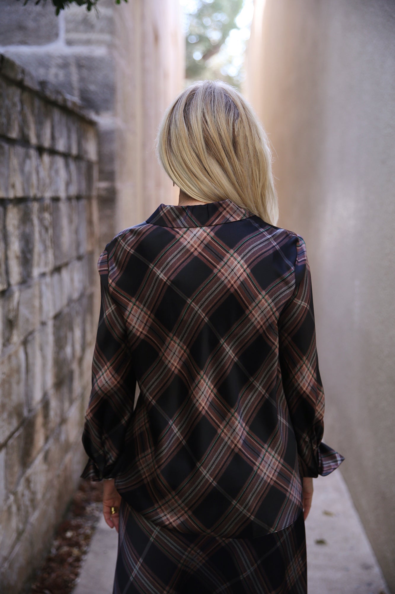 Silk Plaid Bias Long-Sleeve Blouse Vintage Petal