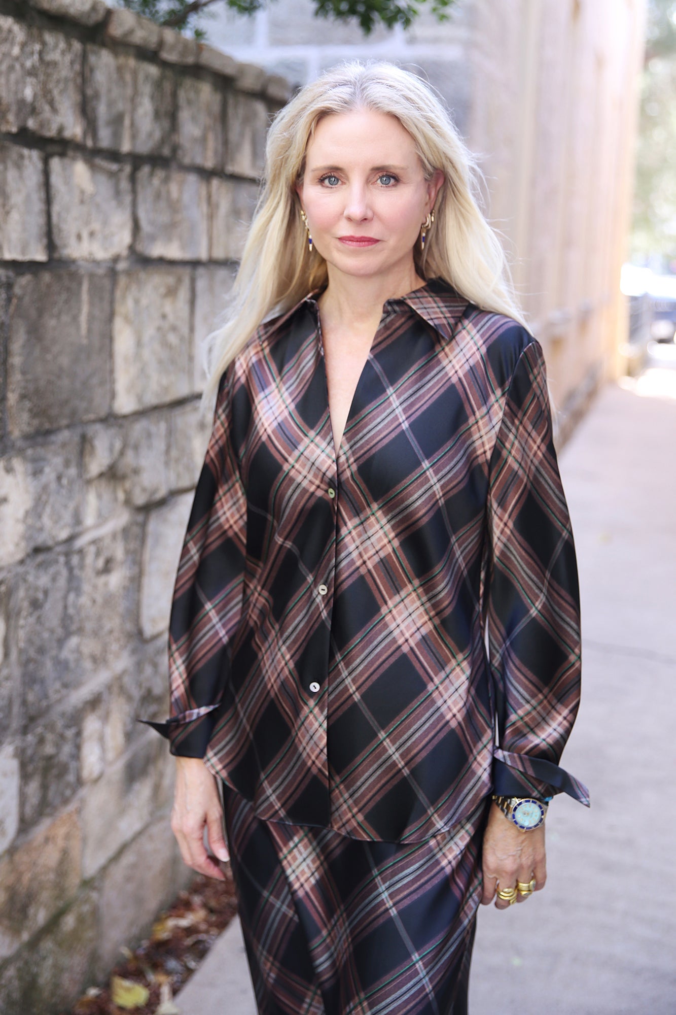 Silk Plaid Bias Long-Sleeve Blouse Vintage Petal