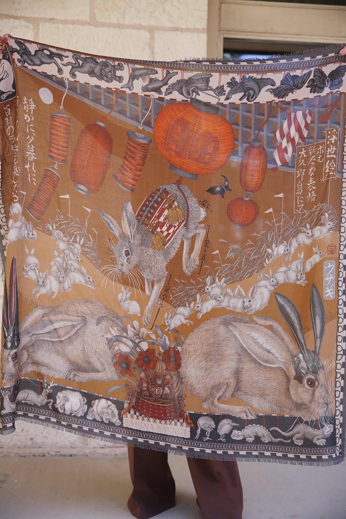 The Floating Rabbits Wool Silk Scarf Cinnamon/Sienna 135cm x 135cm
