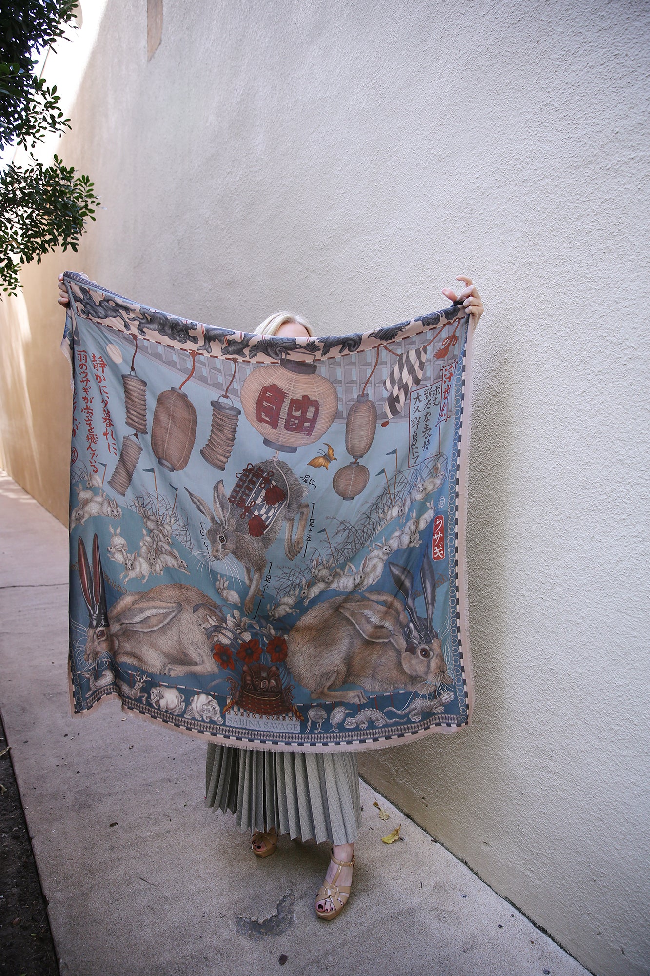 The Floating Rabbits Wool Silk Scarf Cameo/Rice 135cm x 135cm