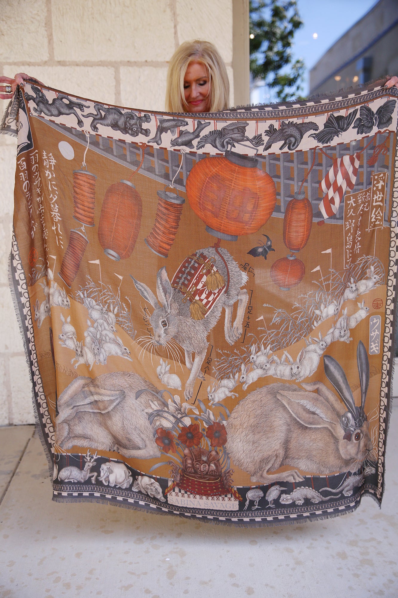 The Floating Rabbits Wool Silk Scarf Cinnamon/Sienna 135cm x 135cm