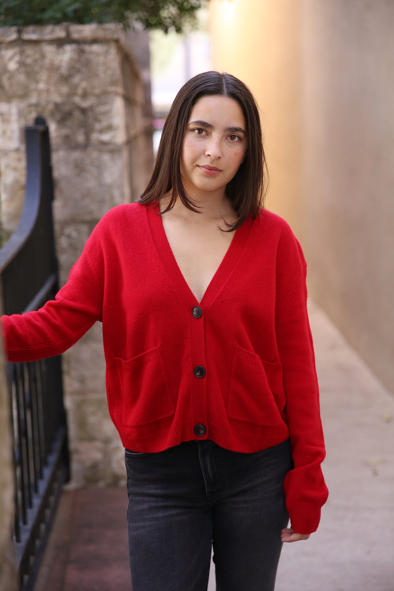 V Cardigan Long Sleeve Chilli Pepper Red