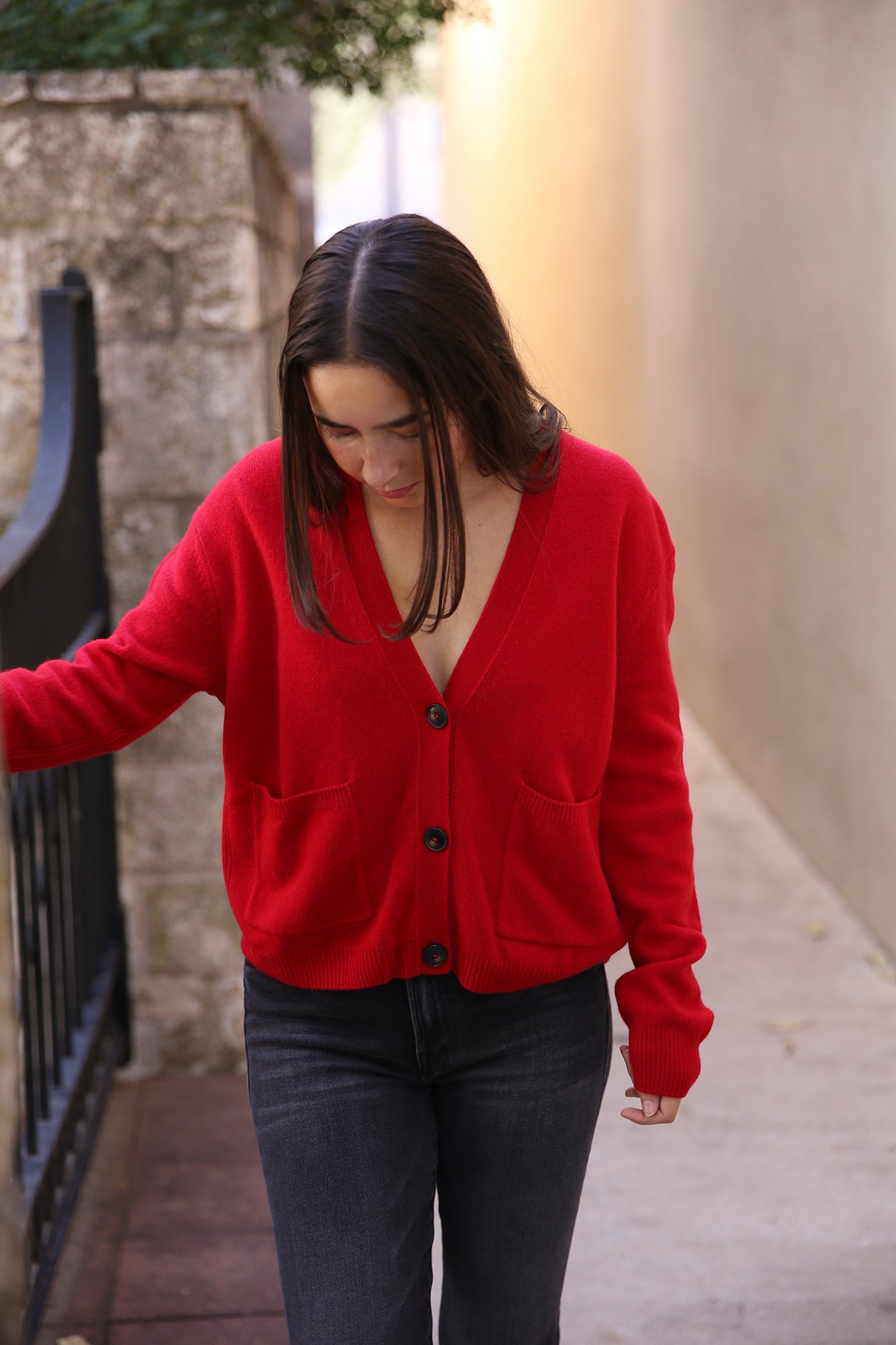 V Cardigan Long Sleeve Chilli Pepper Red