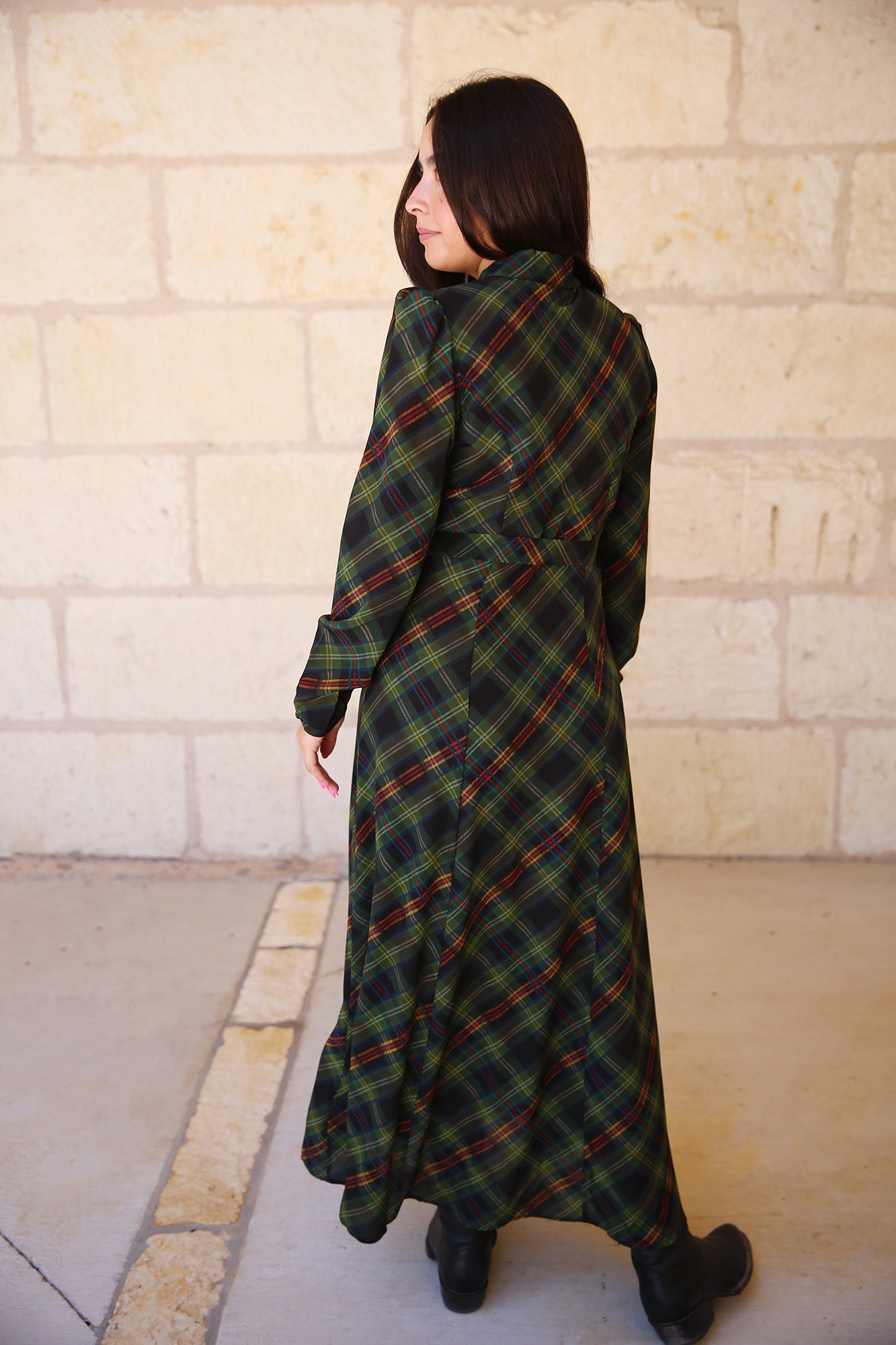 Vanessa-B Silk Dress Tartan Olive Diagonal
