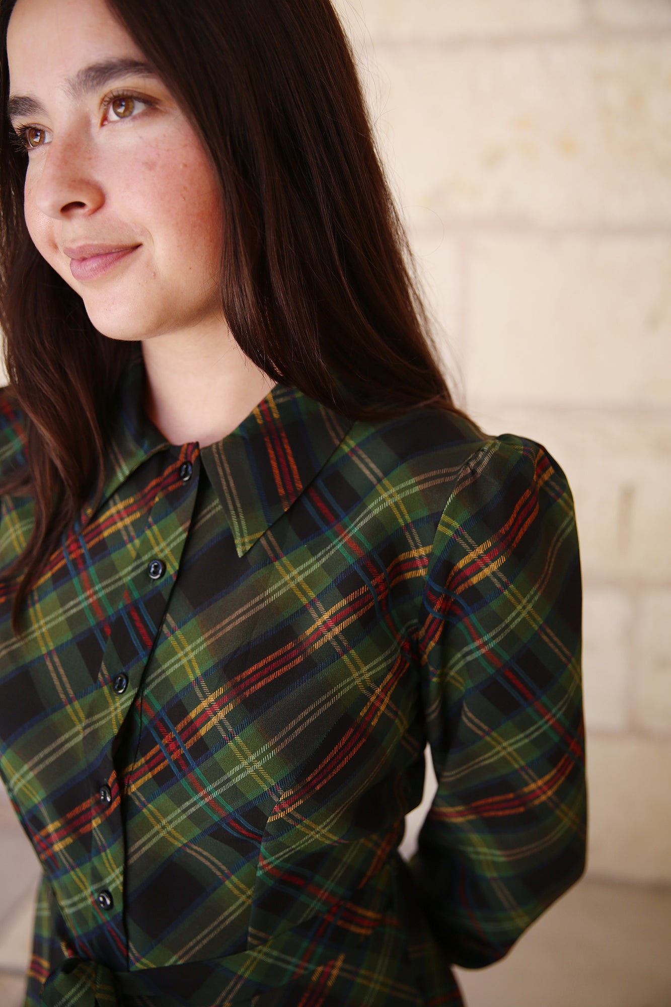 Vanessa-B Silk Dress Tartan Olive Diagonal