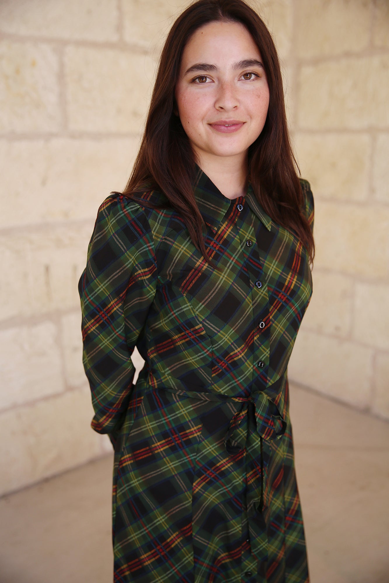 Vanessa-B Silk Dress Tartan Olive Diagonal