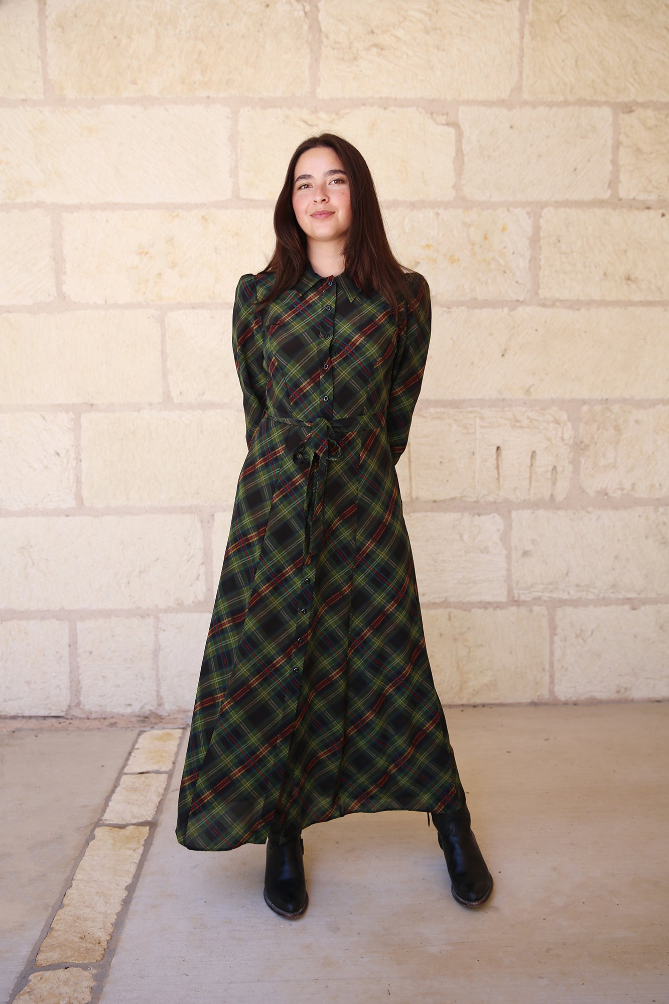 Vanessa-B Silk Dress Tartan Olive Diagonal