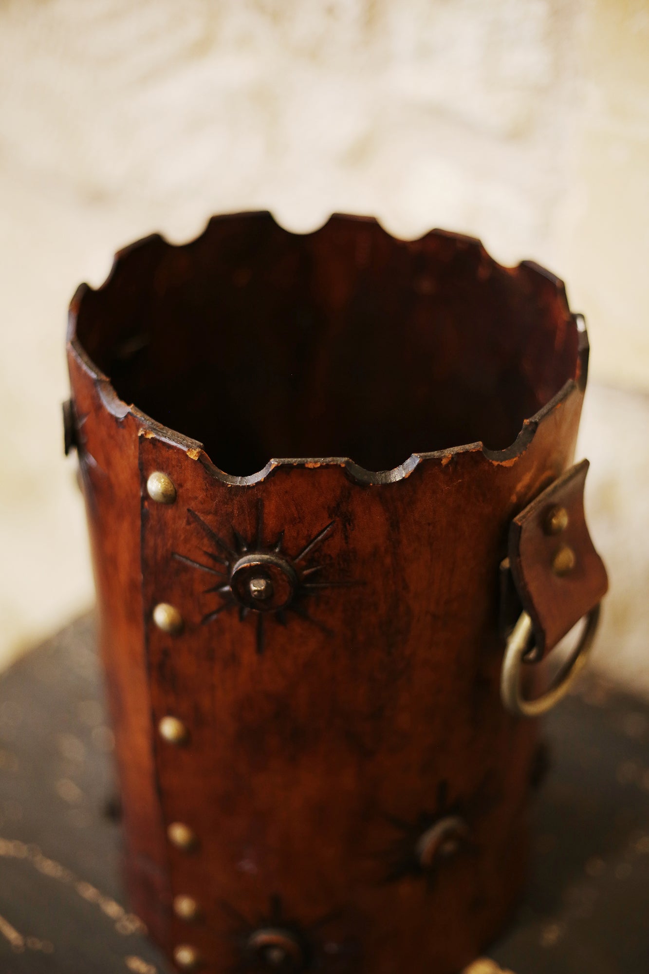 Vintage Leather Bucket & Wastebasket with Brass Rings