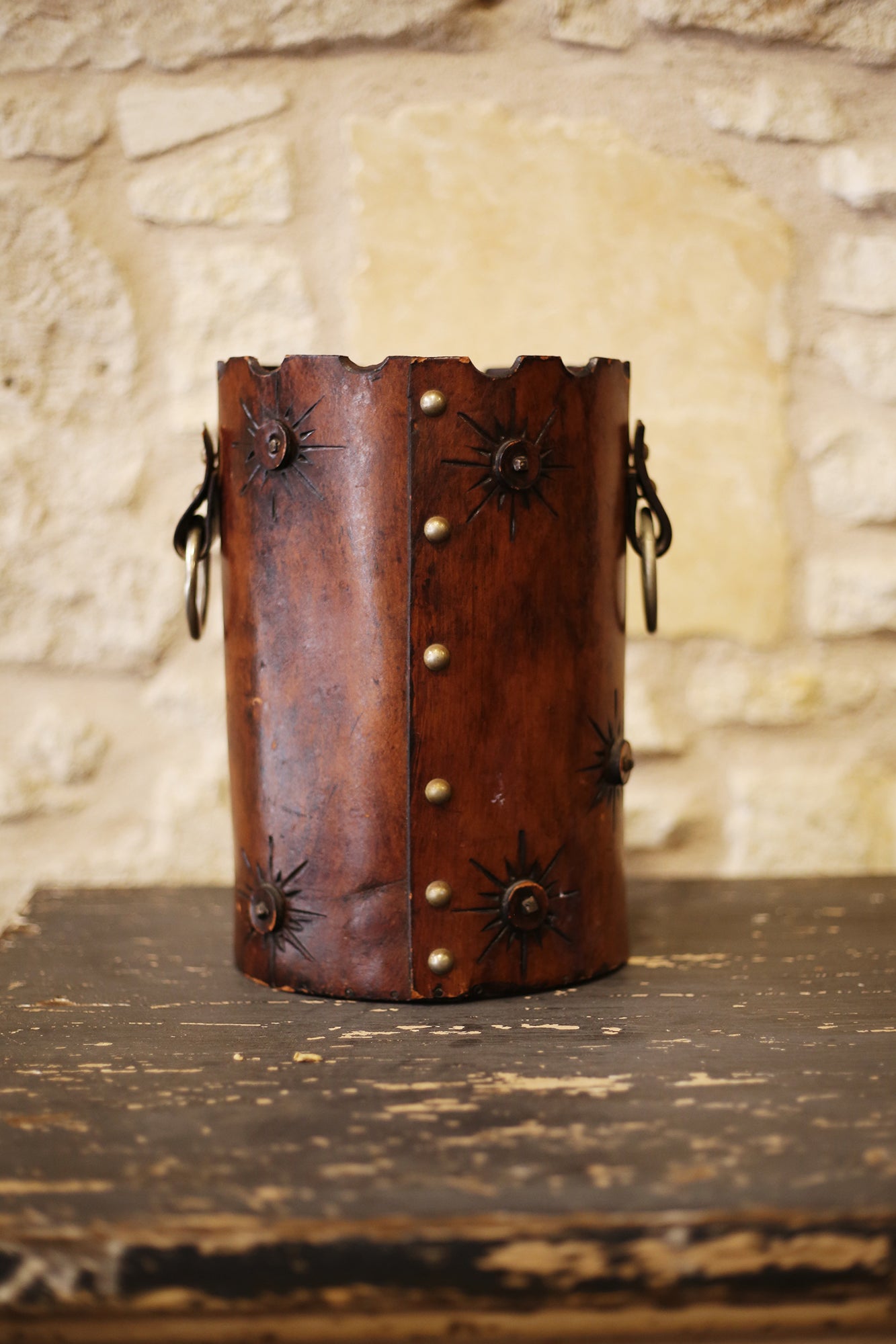 Vintage Leather Bucket & Wastebasket with Brass Rings