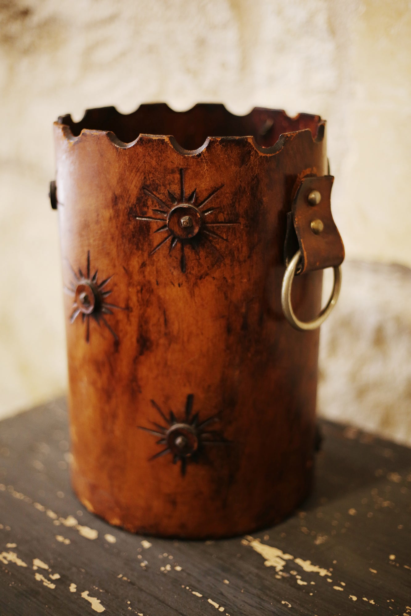 Vintage Leather Bucket & Wastebasket with Brass Rings