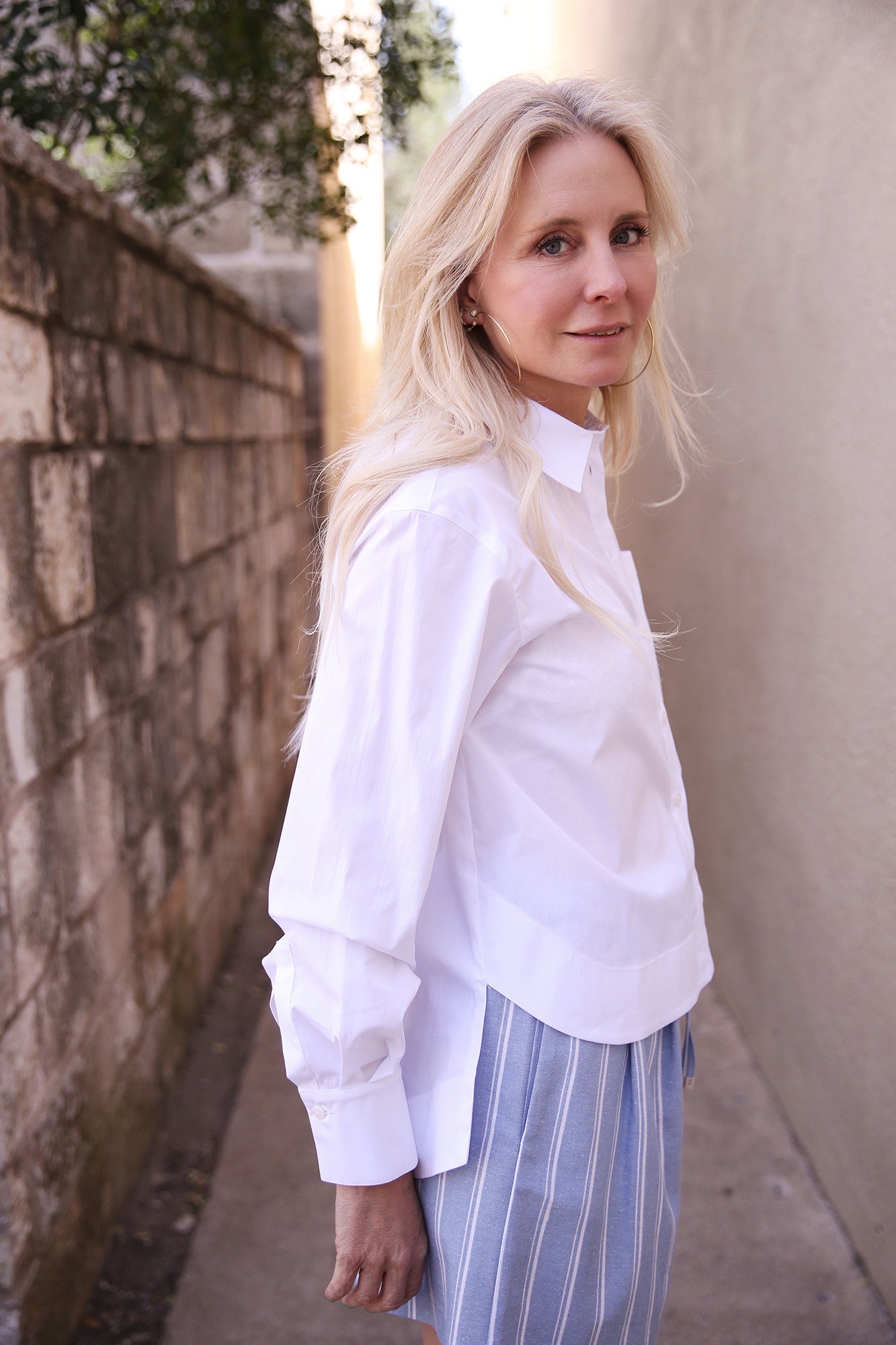 White Collar Button Down Blouse With Oversized Left Breast Pocket