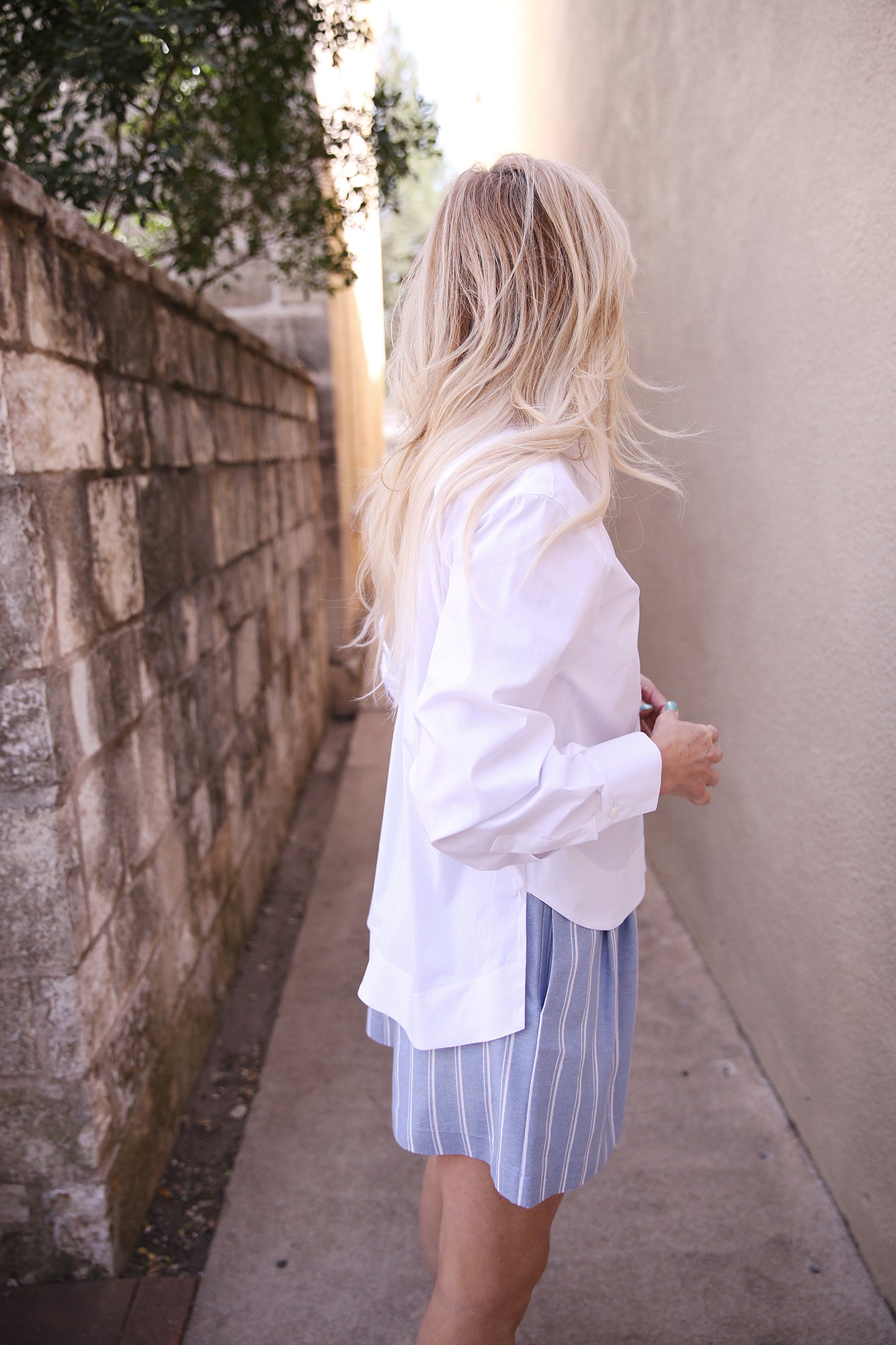 White Collar Button Down Blouse With Oversized Left Breast Pocket
